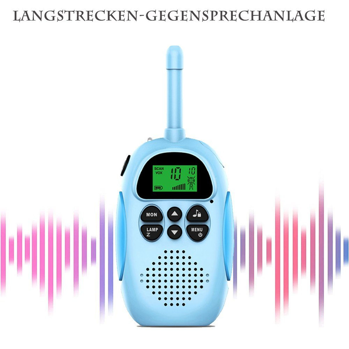 Ein blaues Kinder-Walkie-Talkie mit Bildschirm und Knöpfen. Es hat eine kleine Antenne und einen Lautsprecher.