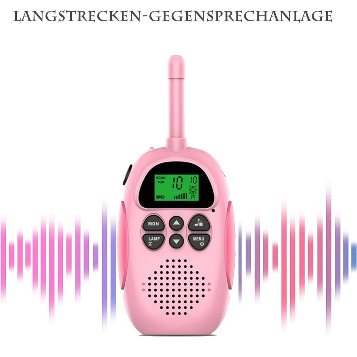 Rosa Walkie-Talkie, mit Digitalanzeige und Schallwellen.