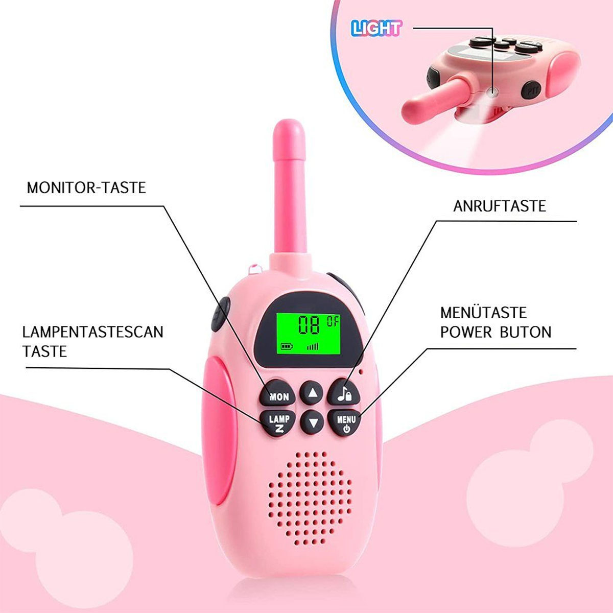 Pinkes Walkie-Talkie für Kinder, beschriftete Tasten, Digitalanzeige mit Zahlen und ein Bild von oben.