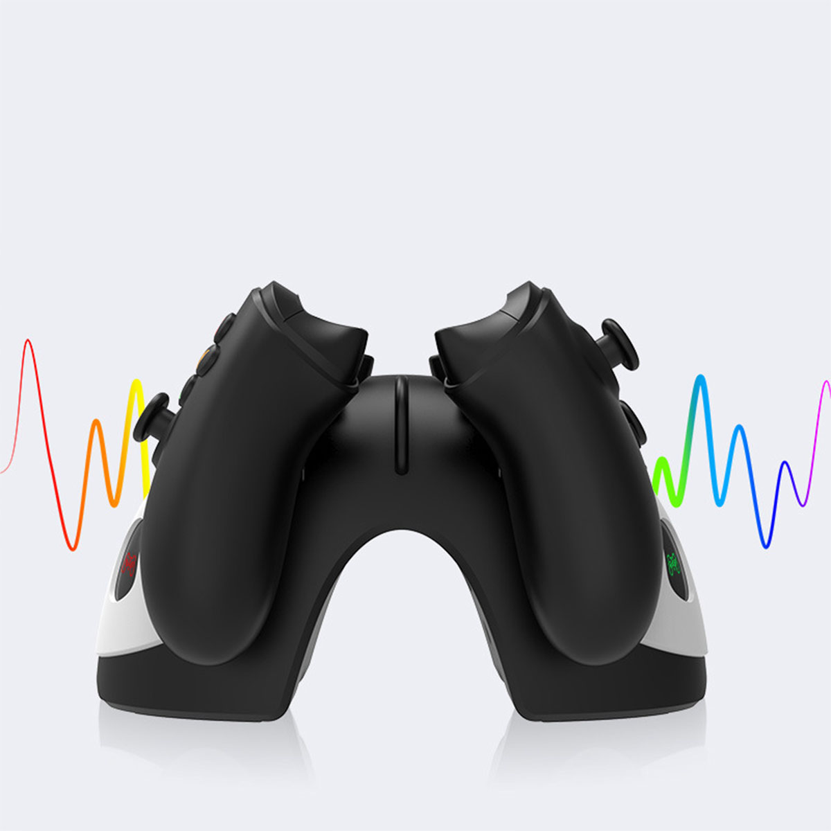Gamecontroller-Ladestation mit zwei Controllern. Buntes Wellenmuster im Hintergrund.