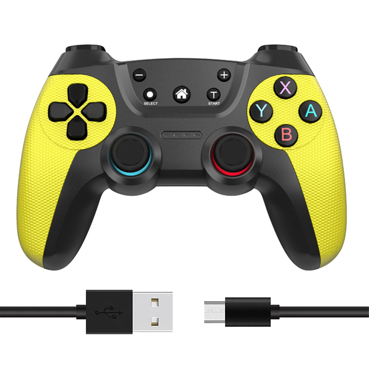 Schwarz-gelber Gamecontroller mit USB-Kabel. Weißer Hintergrund.