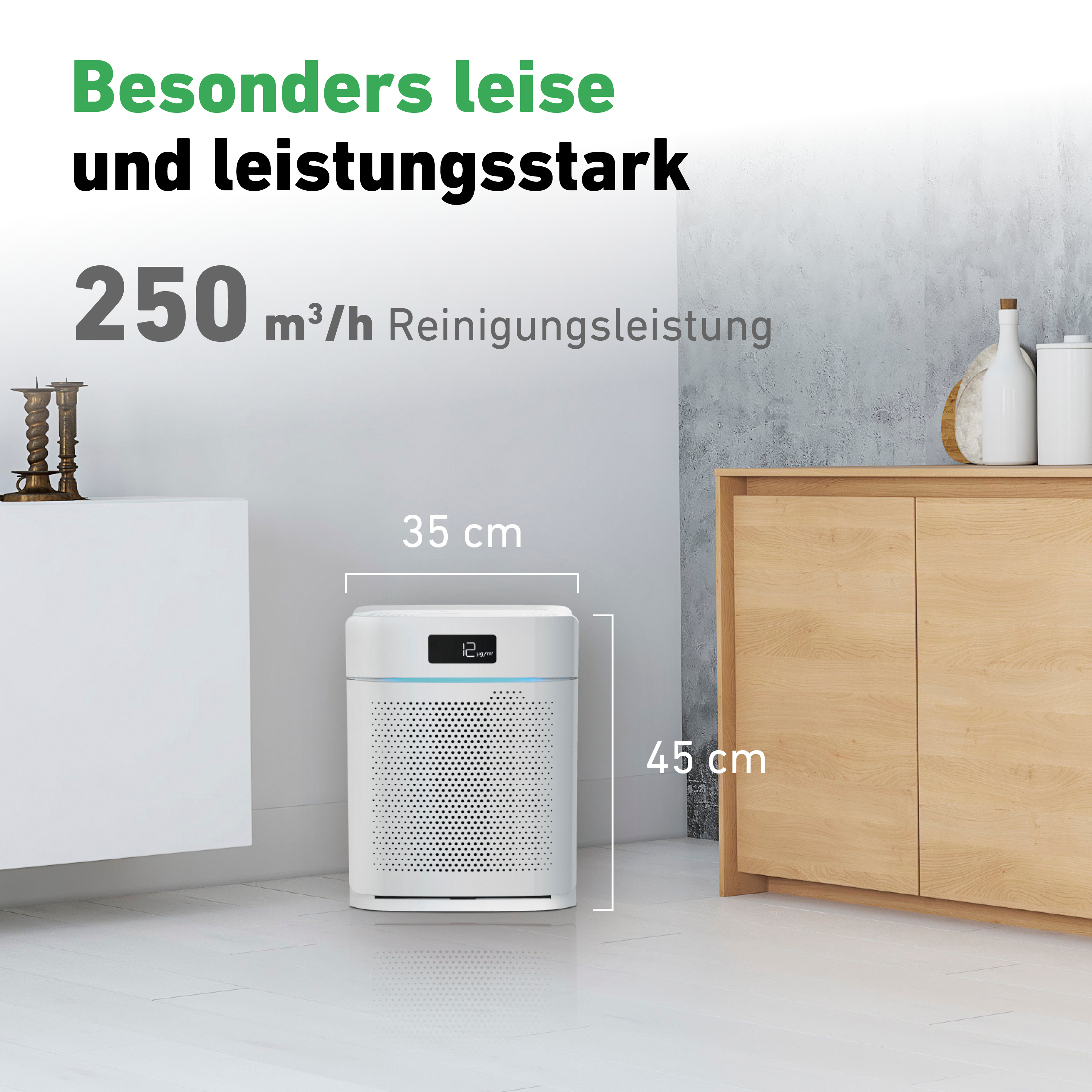 Ein weißer Luftreiniger mit angegebenen Abmessungen und Text auf Deutsch.