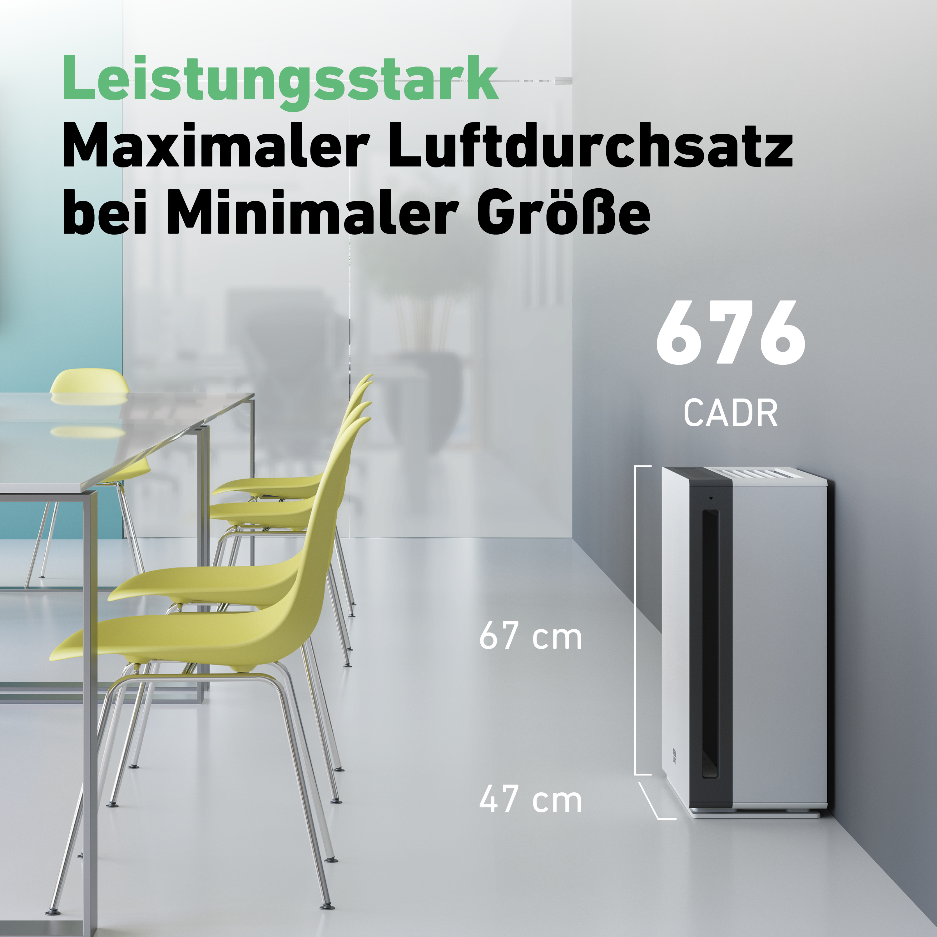 Luftreiniger in einem Raum, mit Text, der darauf hinweist, dass er leistungsstark und kompakt ist.