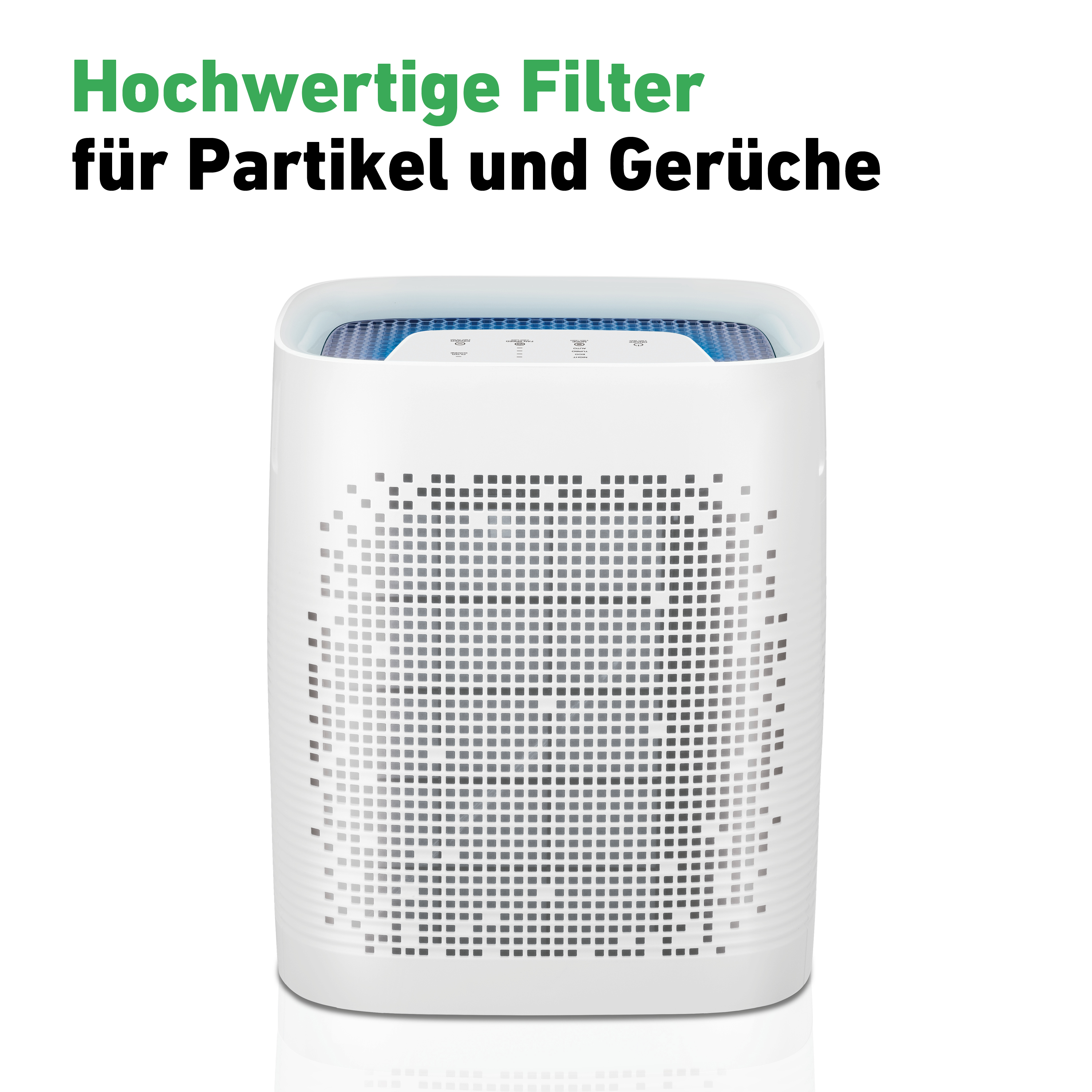 Weißer Luftreiniger mit Text darauf, auf weißem Hintergrund.
