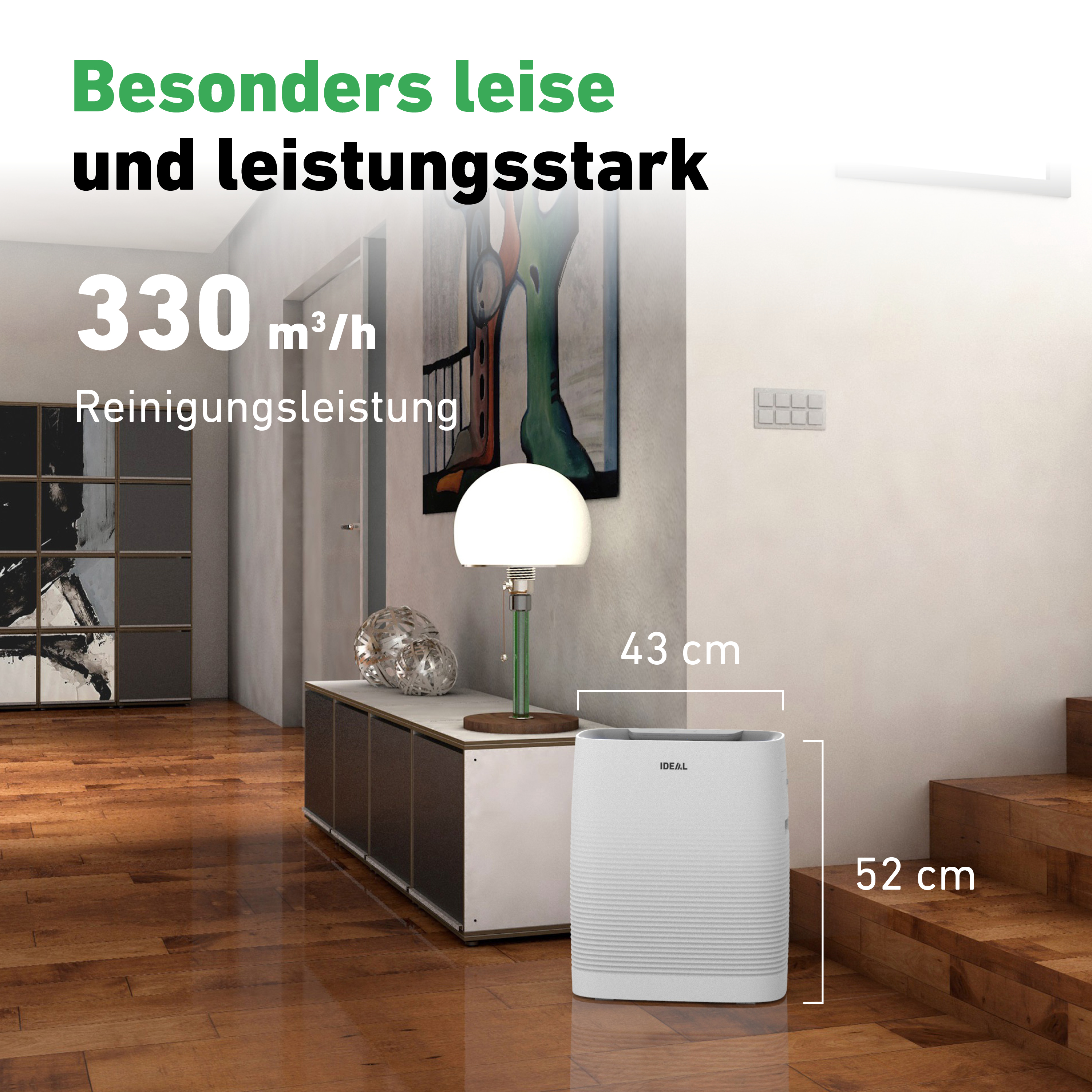 Ein Luftreiniger in einem Raum mit Holzboden, neben einer Lampe und einem Schrank, mit Text-Overlay.