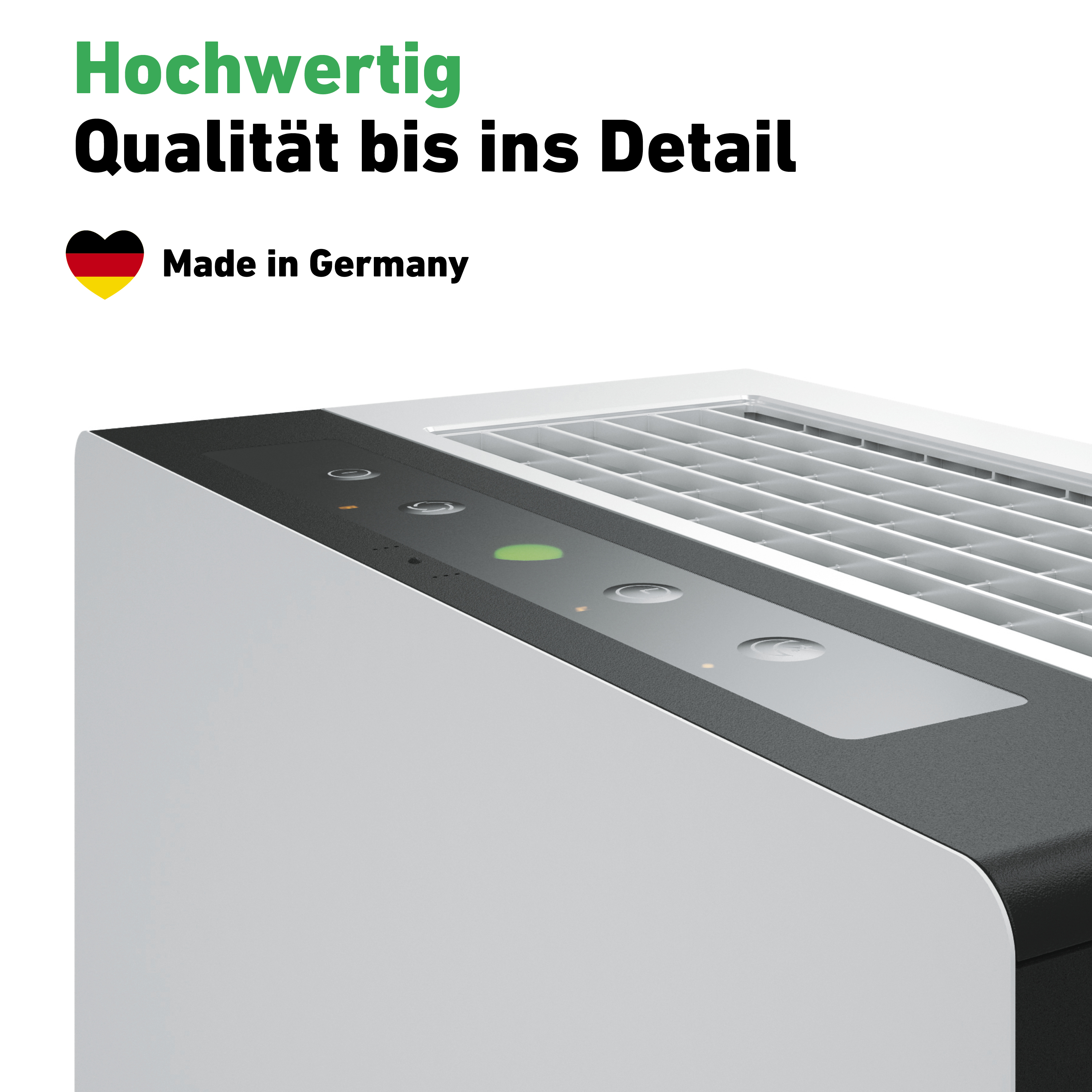 Nahaufnahme Luftreiniger, deutscher Text, Knöpfe und Kontrollleuchten.