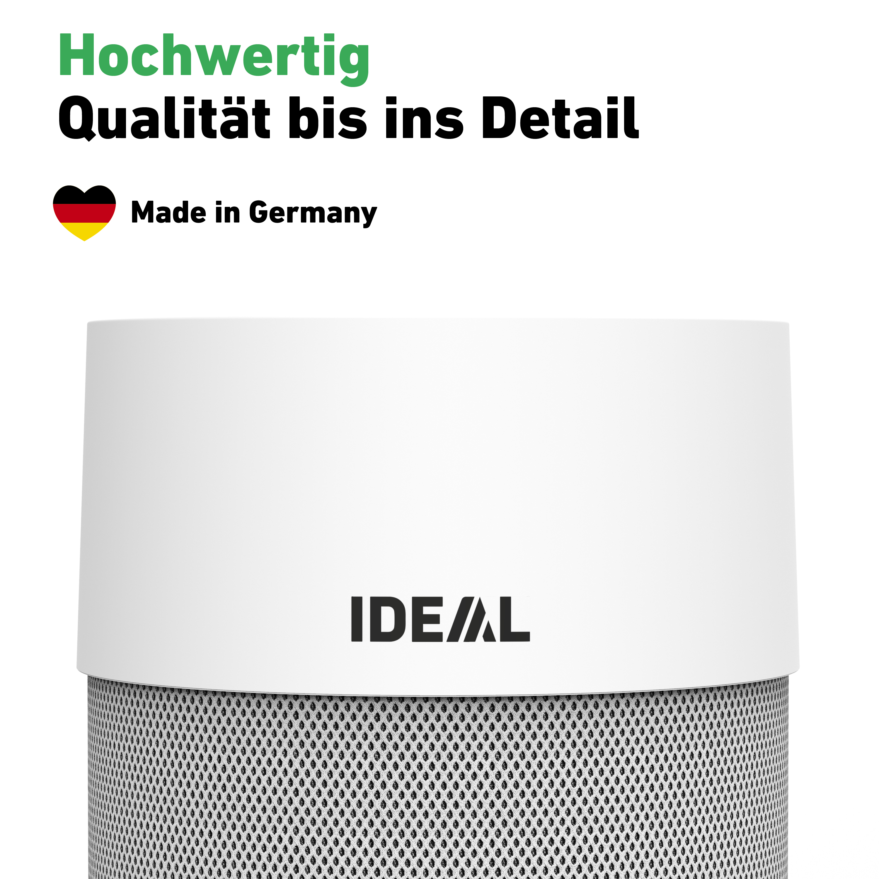 Weißer Luftreiniger mit schwarzem Ideal-Logo, Text-Overlay.