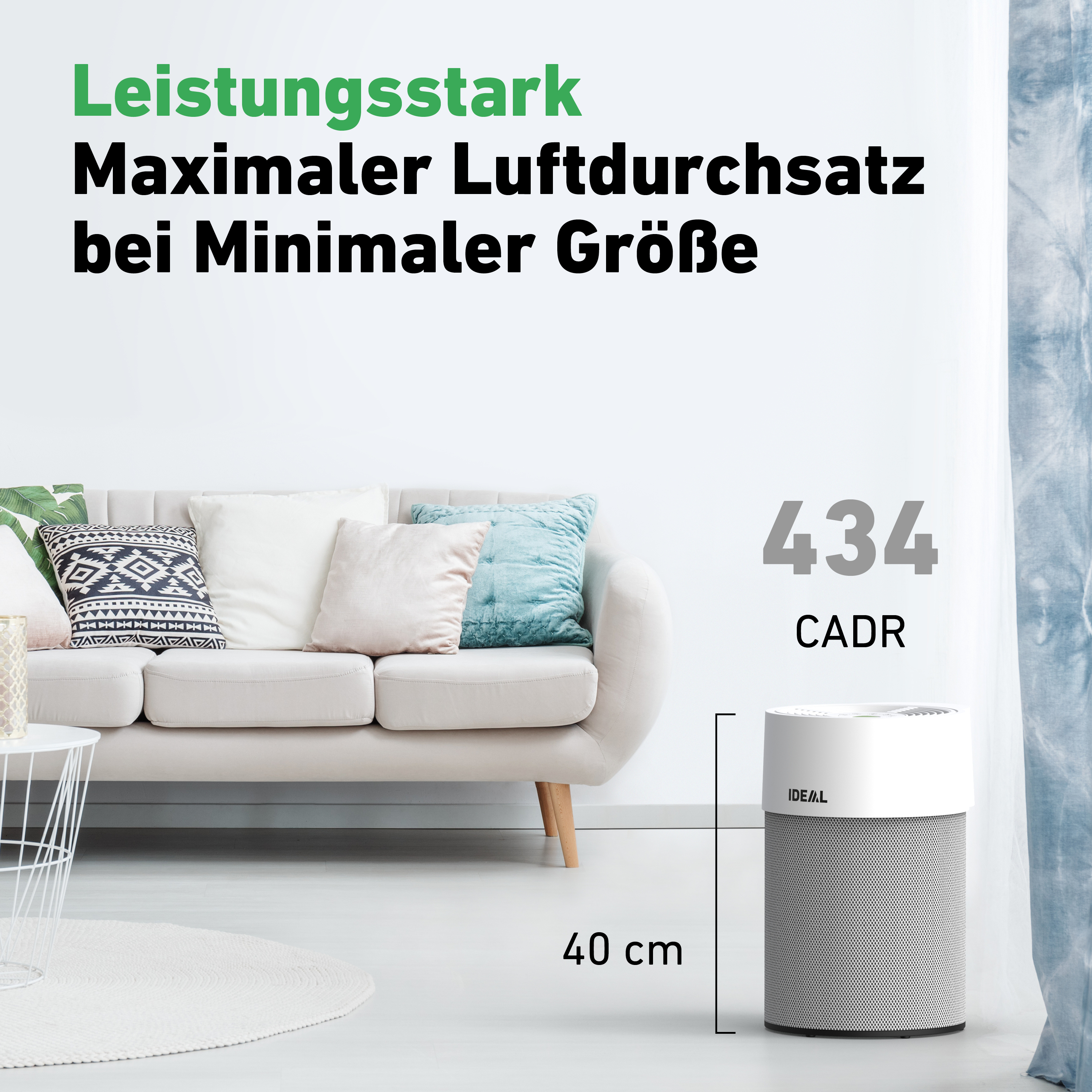 Weißer Luftreiniger mit grauem Netz und Text zur Luftqualität, weißer Hintergrund.