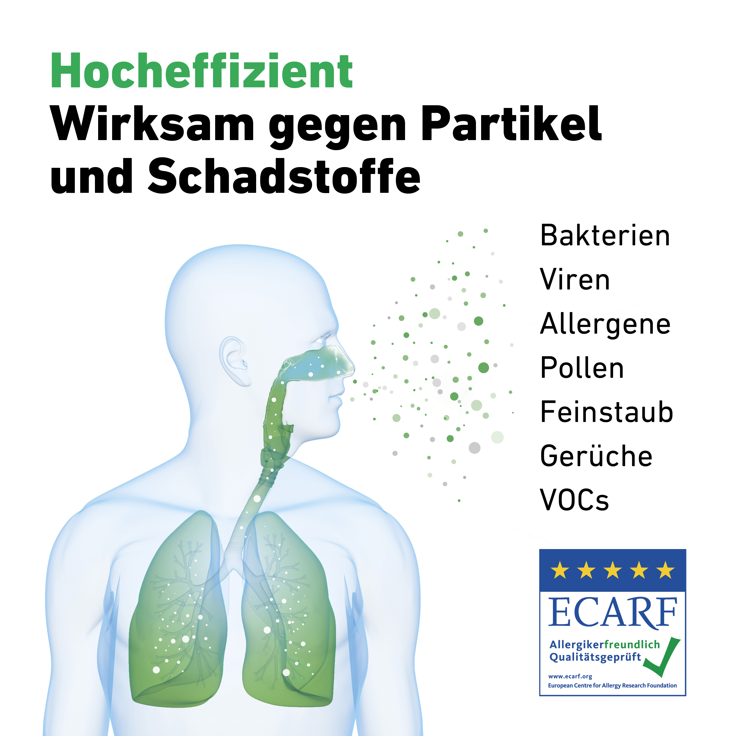 Diagramm eines Mannes mit grünen Lungen und Text zur Luftfilterung.