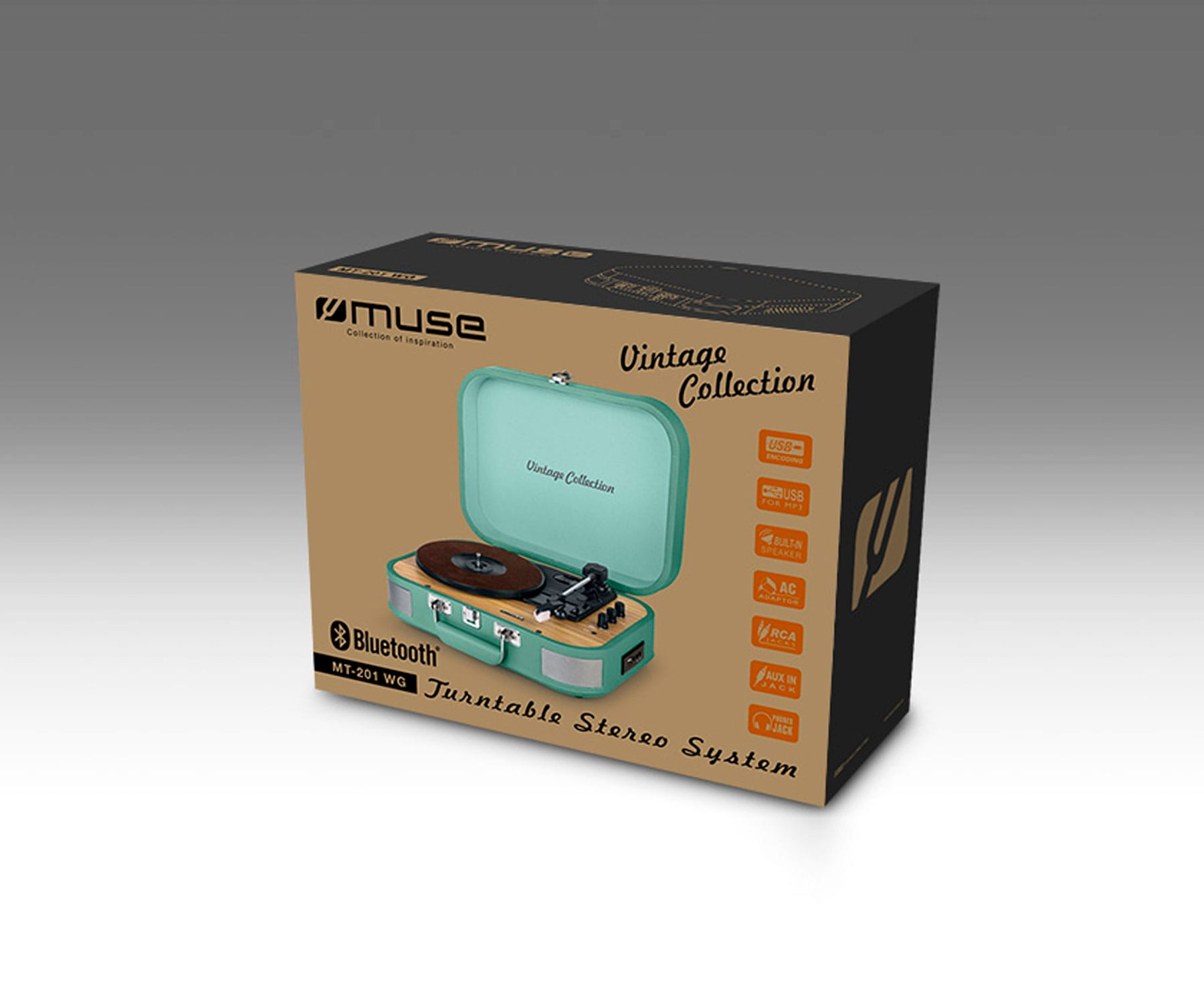 Caja de sistema estéreo de tocadiscos con tapa verde menta, Bluetooth y diseño vintage, sobre superficie marrón.