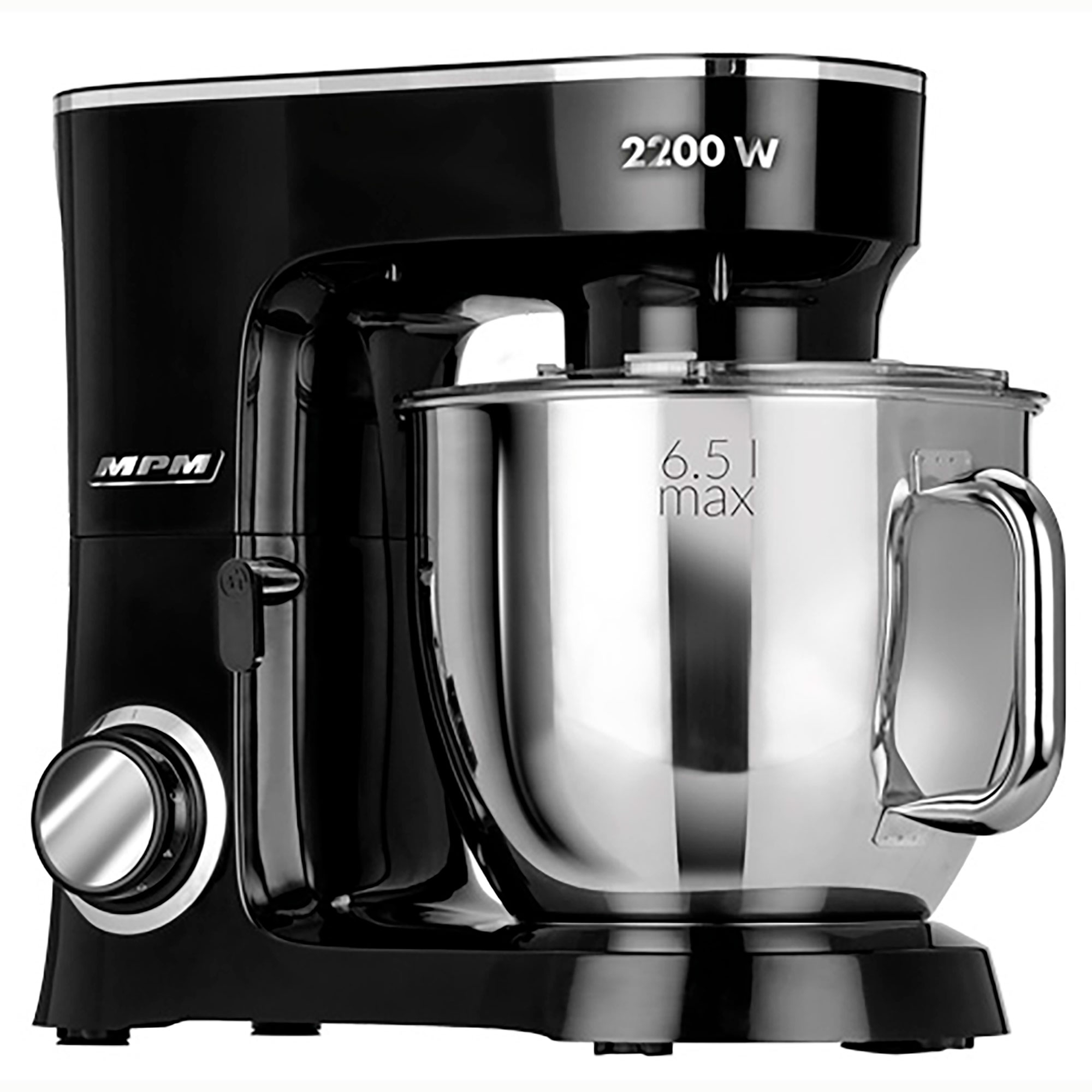 Schwarzer Küchenmixer mit einer Edelstahlschüssel. Es hat das MPM-Logo.