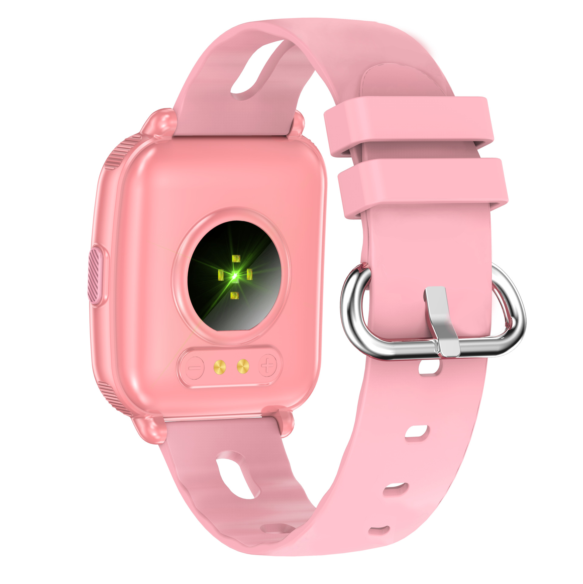 Rosa Smartwatch, Rückansicht. Herzfrequenzsensor und Ladekontakte sichtbar. Rosa Armband, weißer Hintergrund.