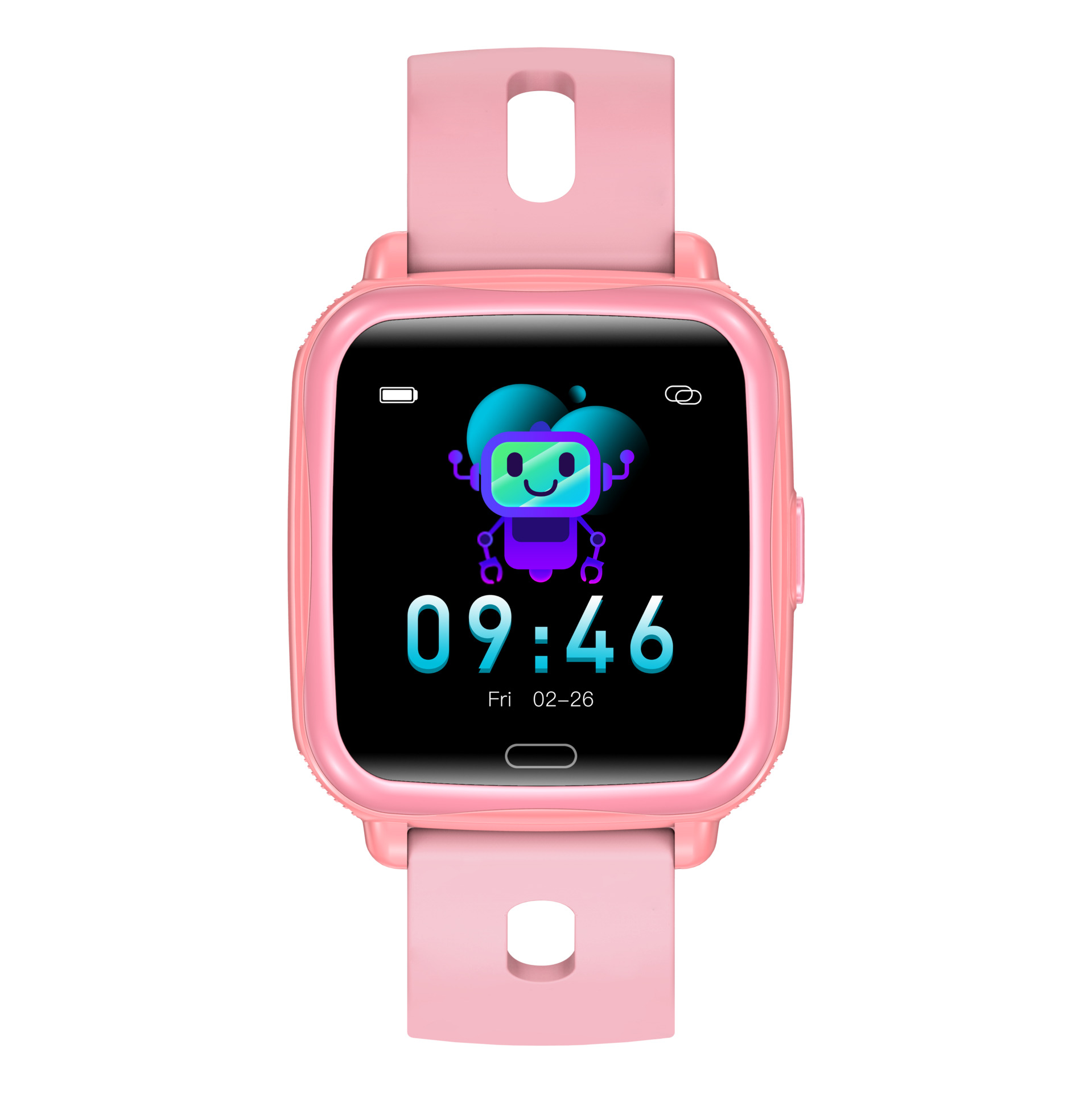 Eine rosa Smartwatch mit rundem Zifferblatt, das die Uhrzeit und eine Roboter-Grafik anzeigt. Die Uhr hat ein rosa Armband.