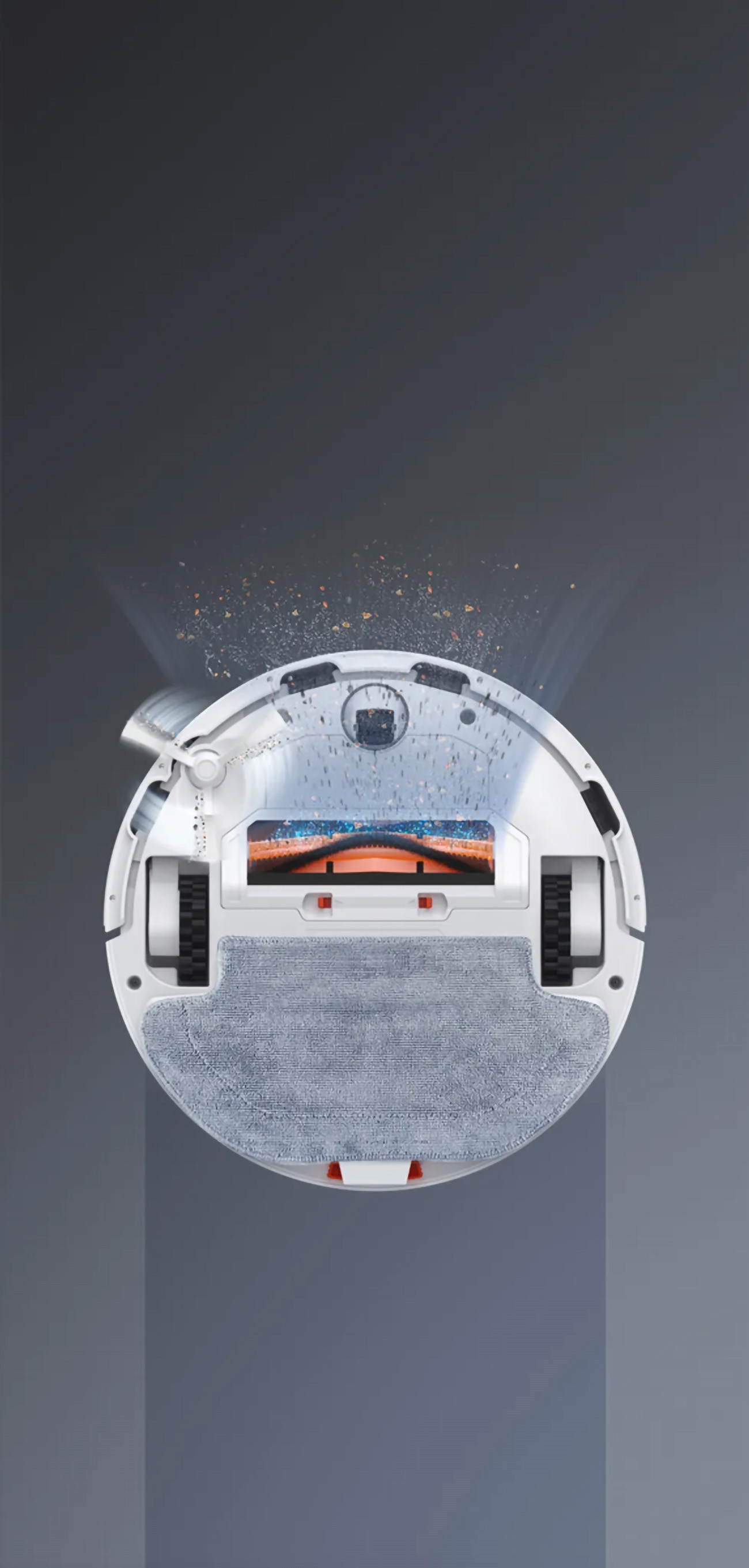 Ein weißer Roboter-Staubsauger von unten, mit Details der Bürste und Räder.