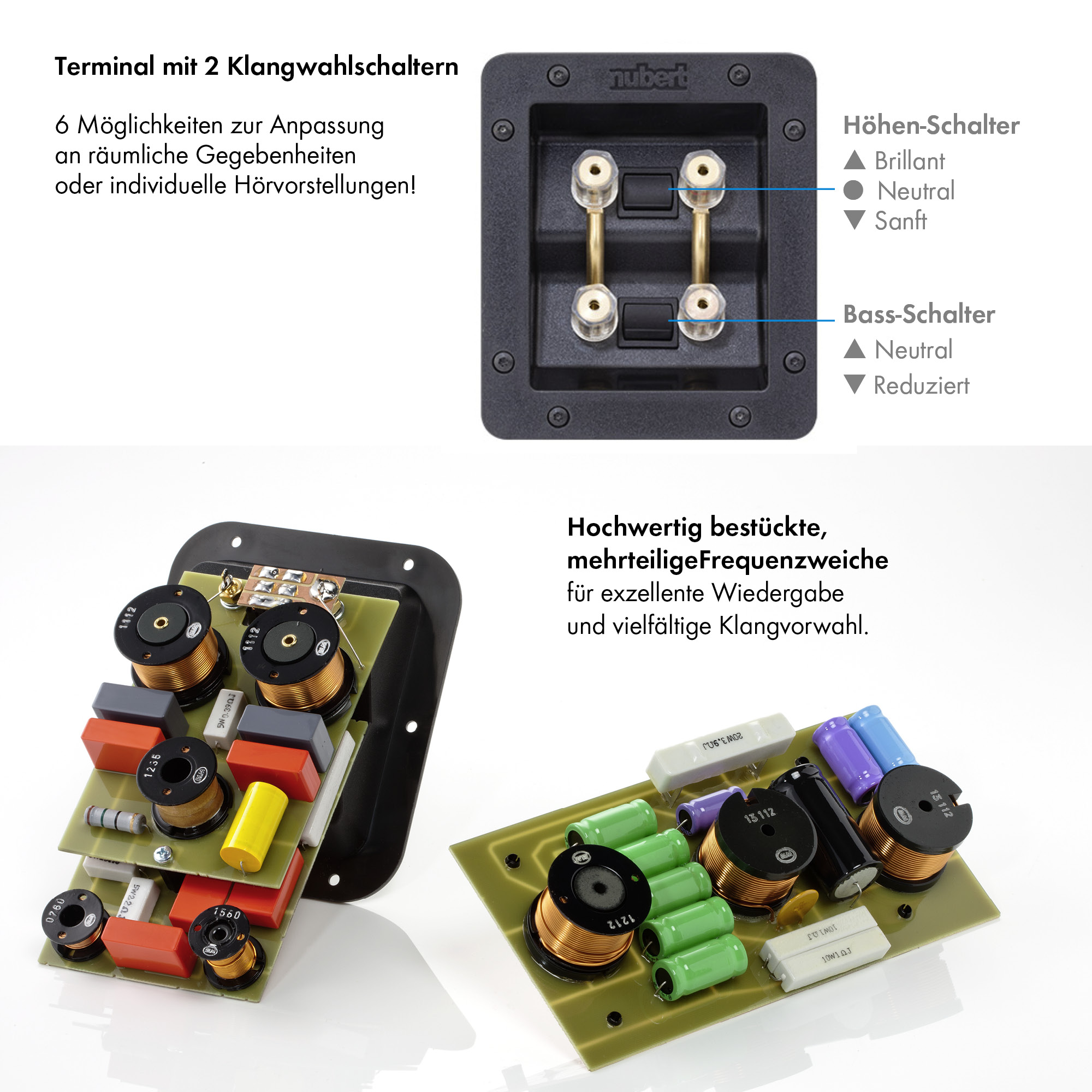 Nahaufnahme elektronischer Bauteile auf einer Leiterplatte. Text und kleine Teile sind vorhanden.