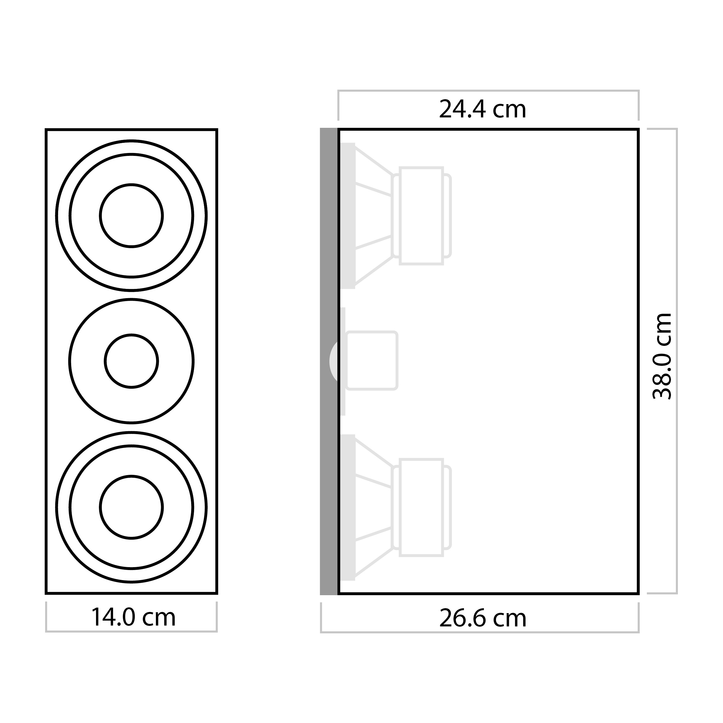 Eine Lautsprecher-Diagramm mit Vorder- und Seitenansicht, mit Abmessungen in cm.