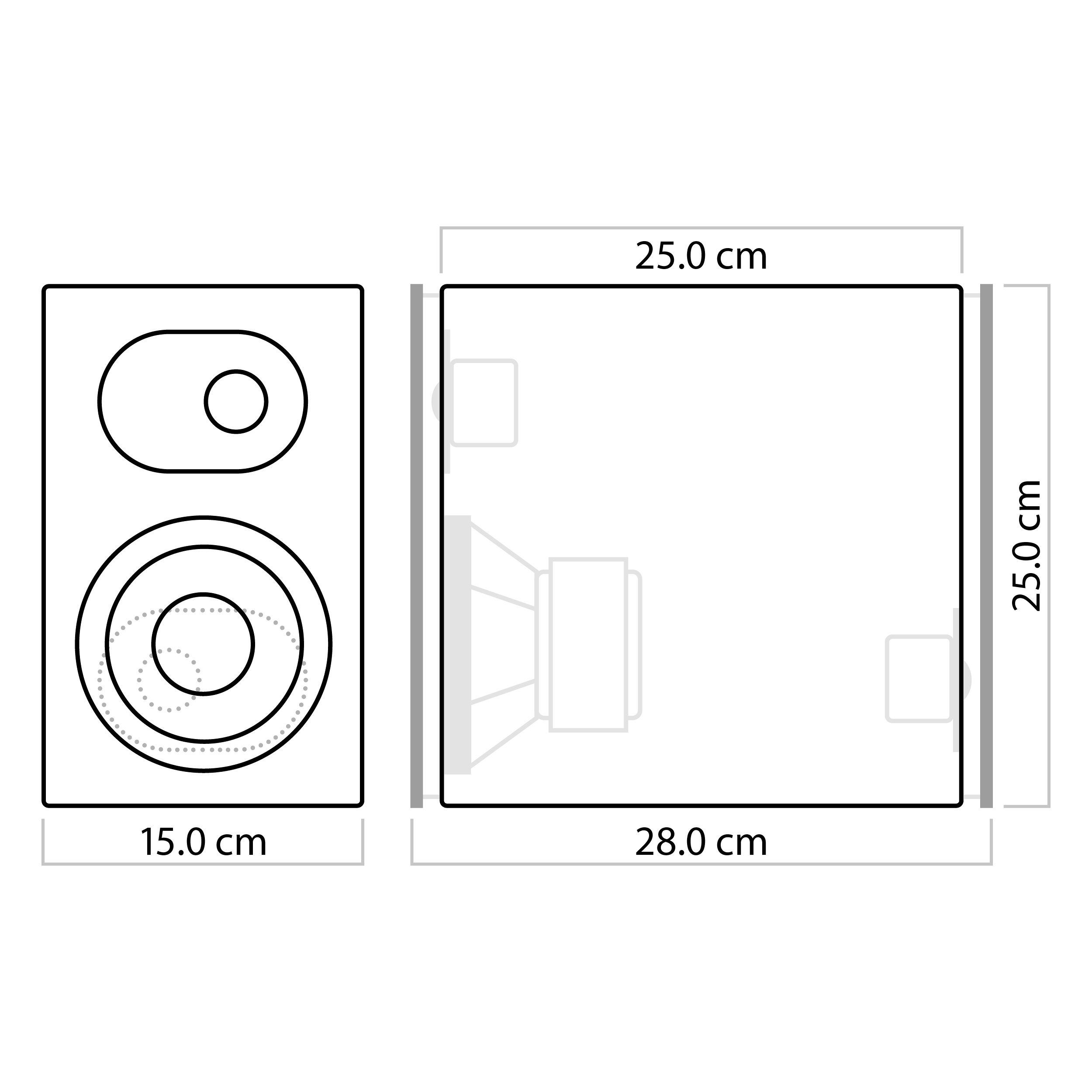 Diagramm mit Lautsprecherabmessungen. Lautsprecher links, Abmessungen rechts.