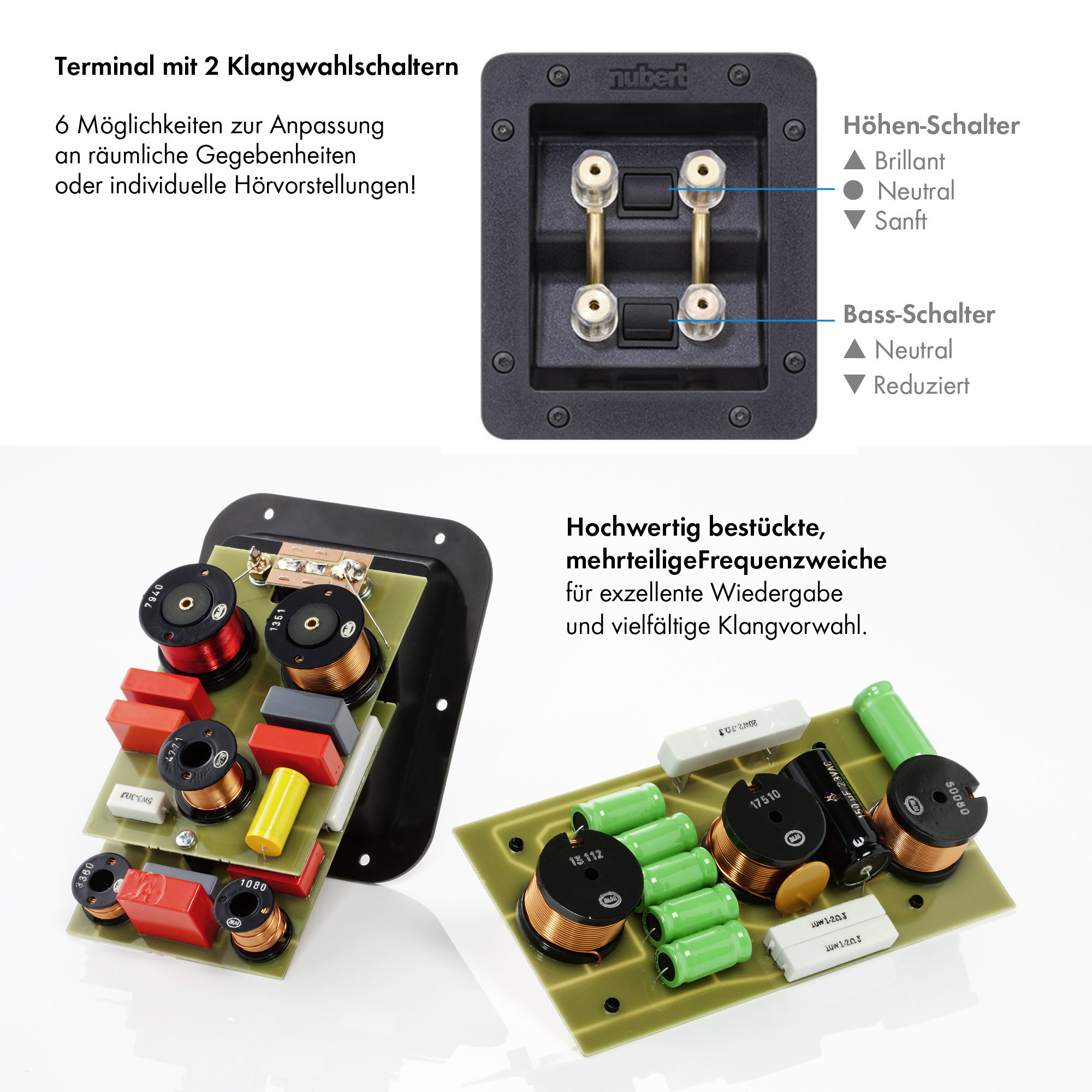 Leiterplatte mit Komponenten. Enthält einen Bass-Schalter und einen Höhen-Schalter mit Beschriftungen.