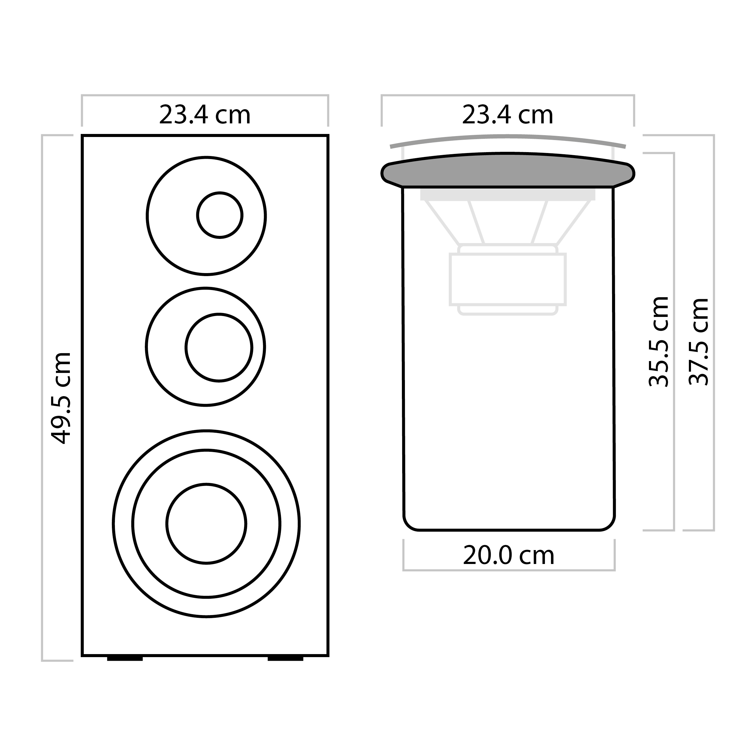 Diagramm eines Lautsprechers. Zeigt Höhe, Breite und Tiefe in Zentimetern. Weißer Hintergrund.