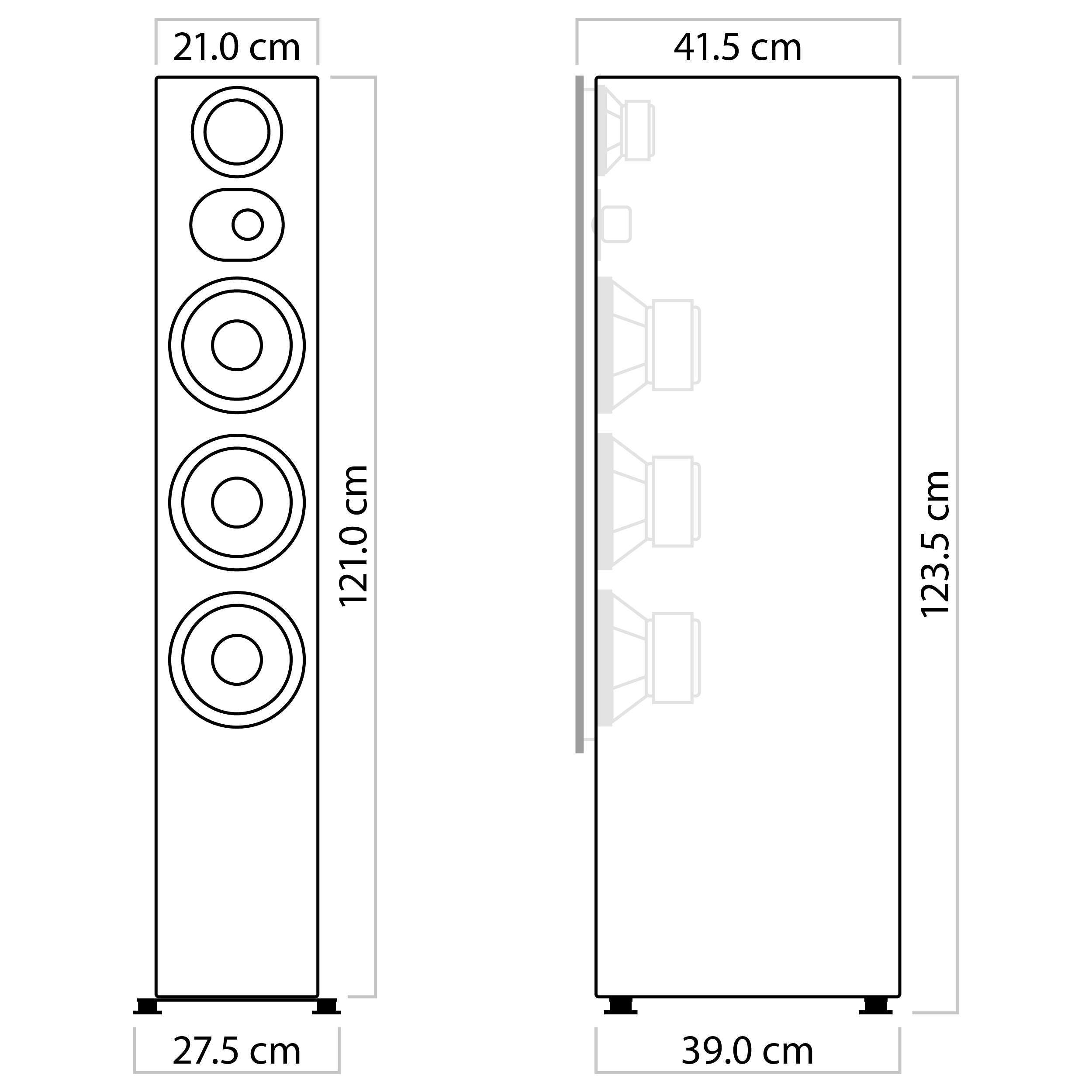Diagramm eines hohen Lautsprechers. Abmessungen: Höhe 121,0 cm, Breite 27,5 cm.