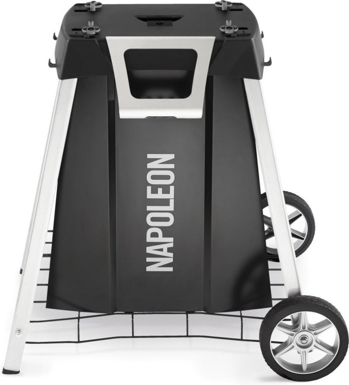 Grill mit schwarzem Korpus und silbernem Rahmen, Räder an der Seite, Text 'NAPOLEON'.