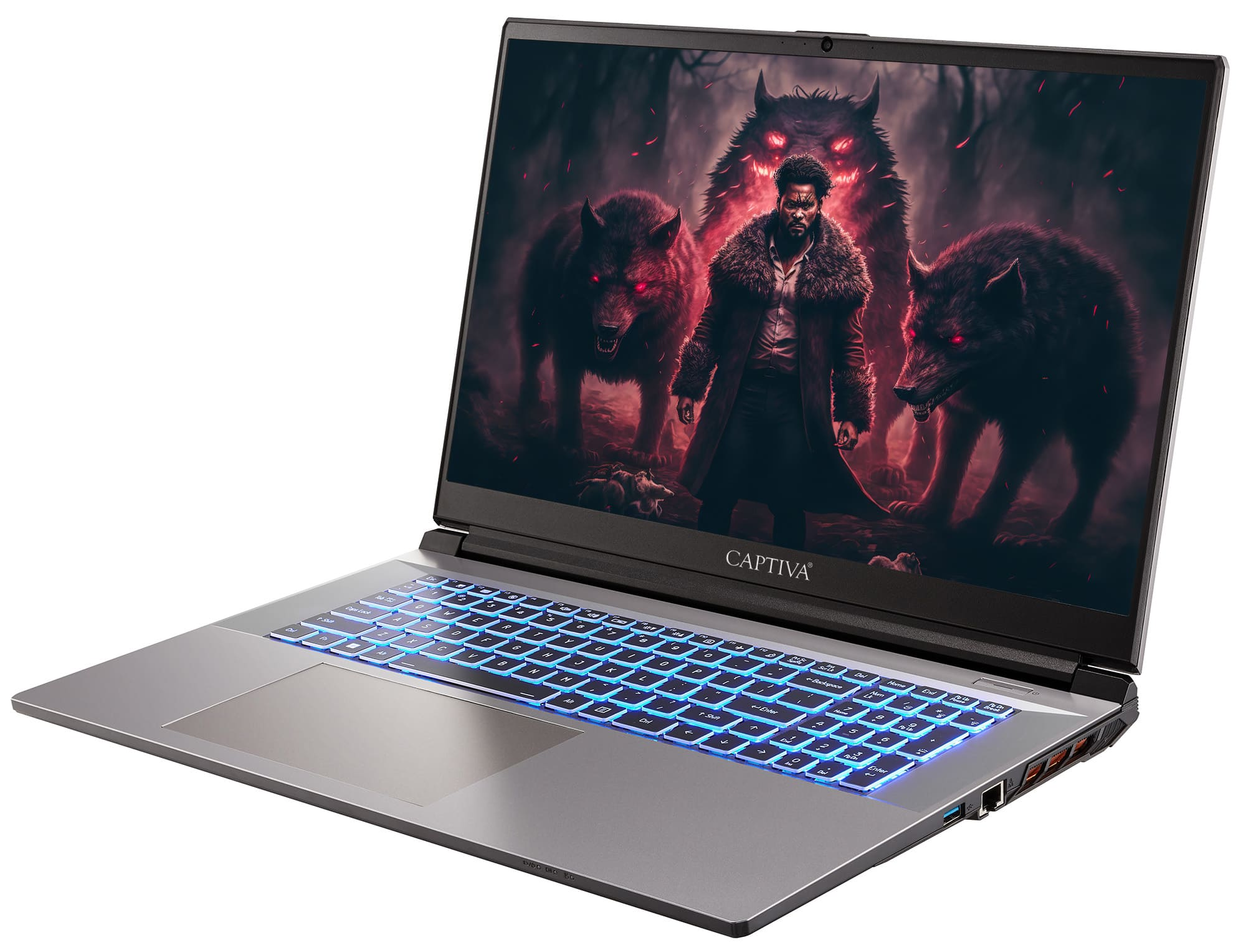 Ein silberner Laptop, der einen Mann mit Wölfen in einer dunklen Szene zeigt.