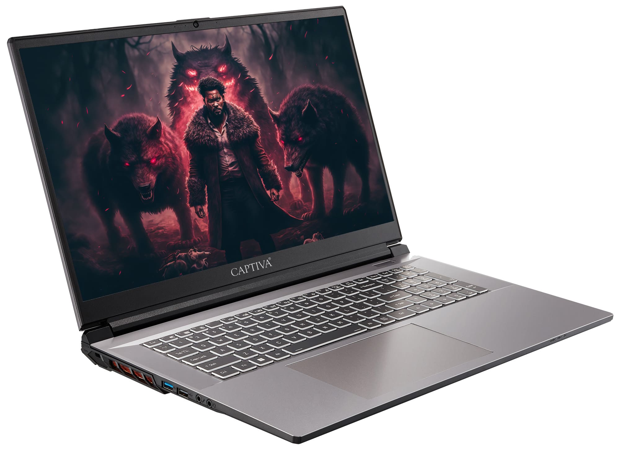 Ein Laptop, das eine Fantasy-Szene mit einem Mann und Wölfen zeigt.