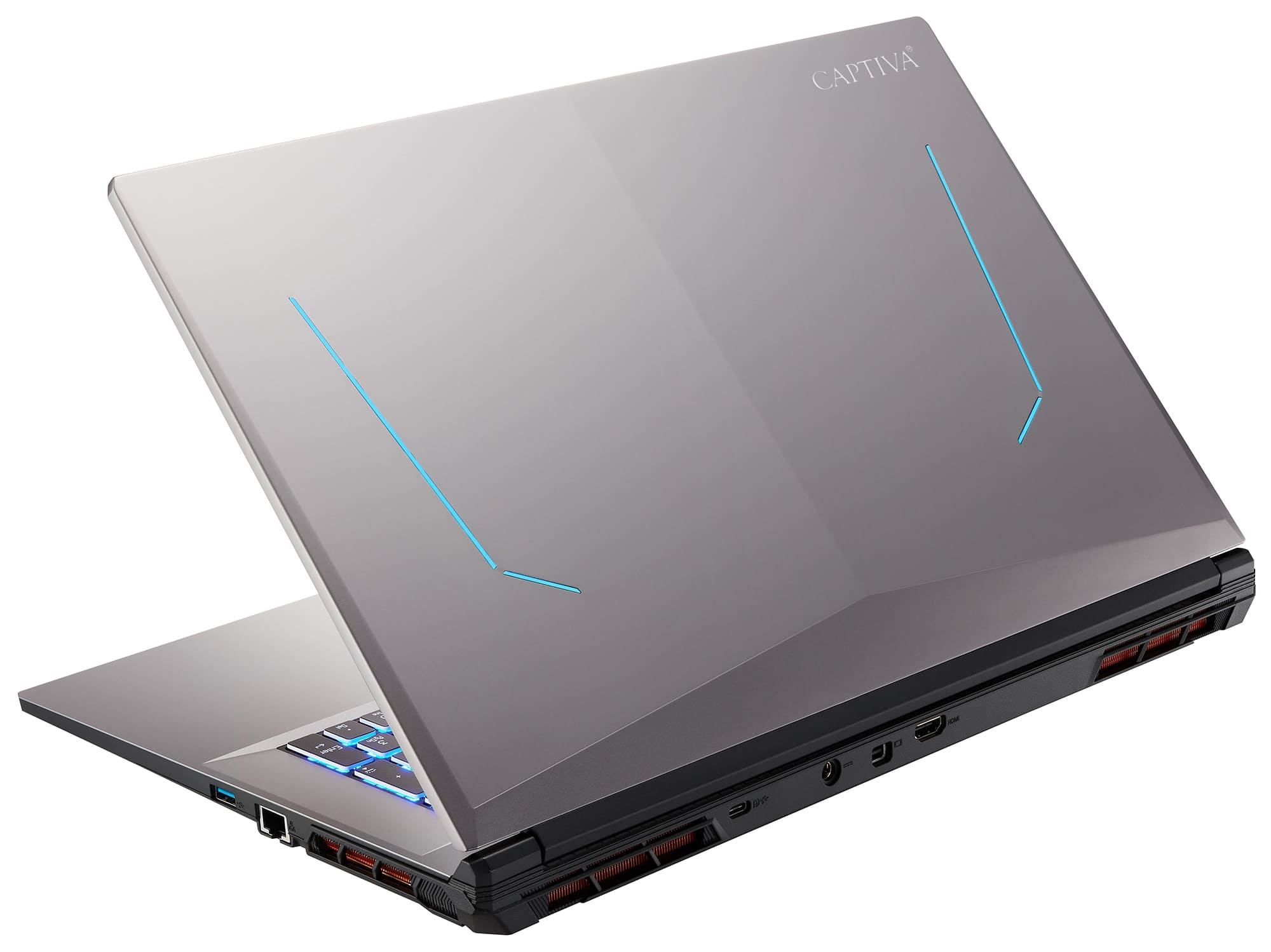 Silberner Laptop mit blauen Lichtern auf der Rückseite. Der Bildschirm ist offen und dem Betrachter zugewandt.