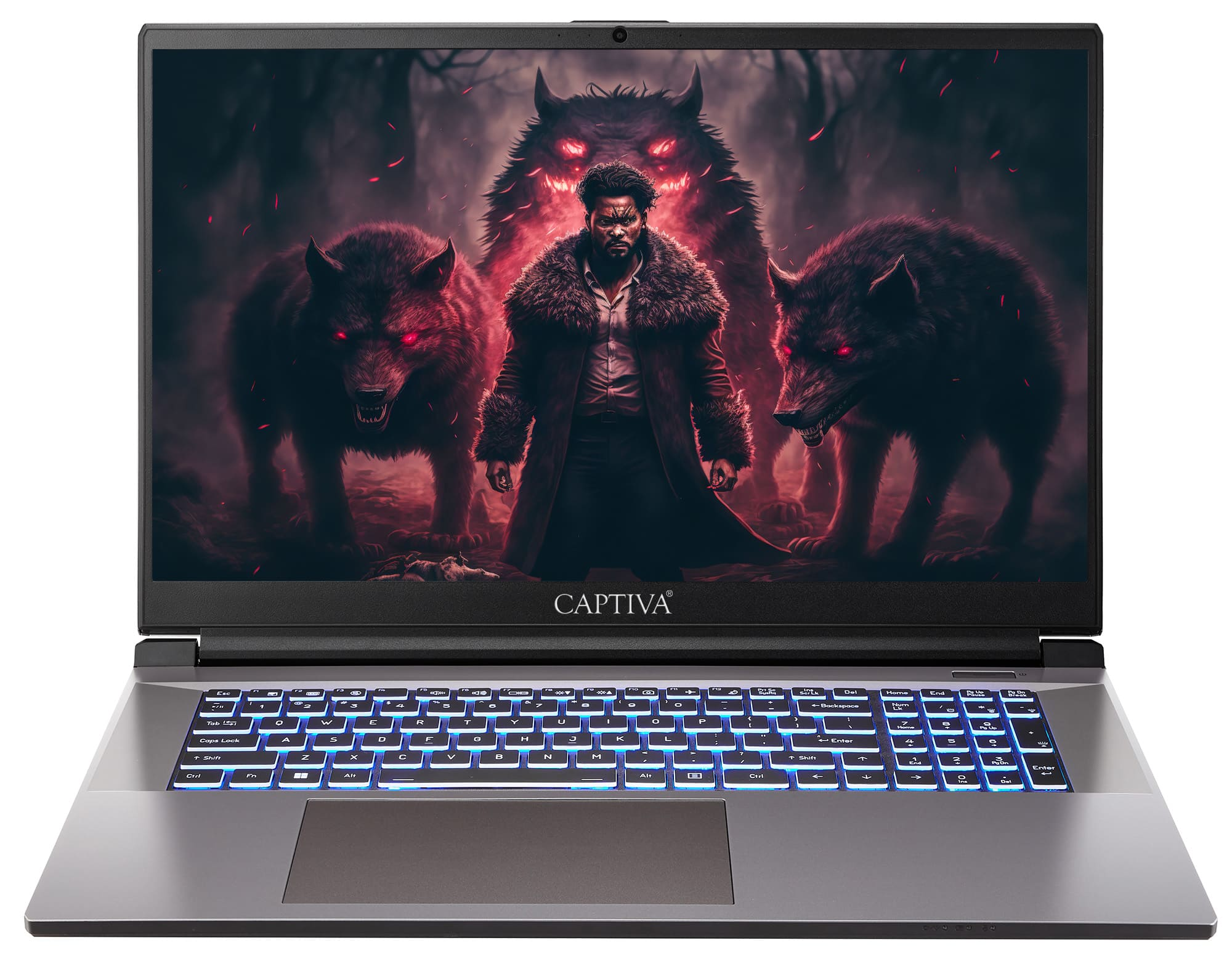 Ein Laptop-Bildschirm zeigt eine Fantasieszene mit Wölfen und einer Person im Pelzmantel.