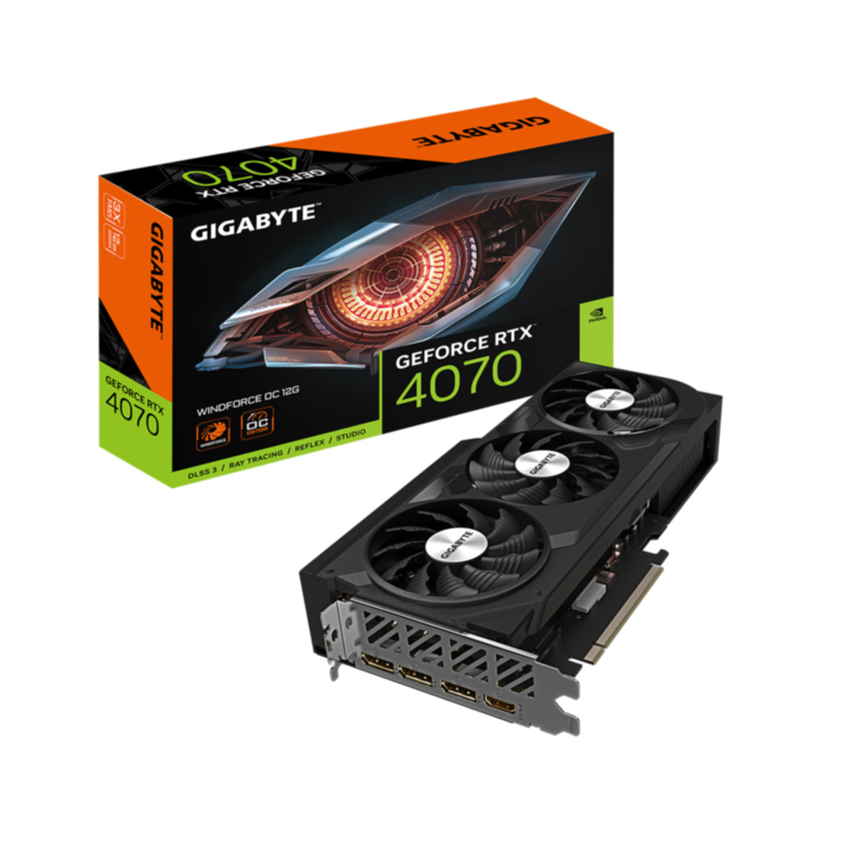 Grafikkarte und Box, Schwarz und Orange. Mit Gigabyte- und GeForce-Logos.