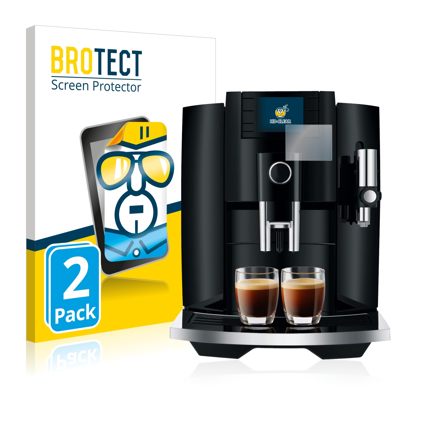 Kaffeemaschine mit zwei Kaffeetassen. Displayschutzfolienbox links. Schwarz und Silber.