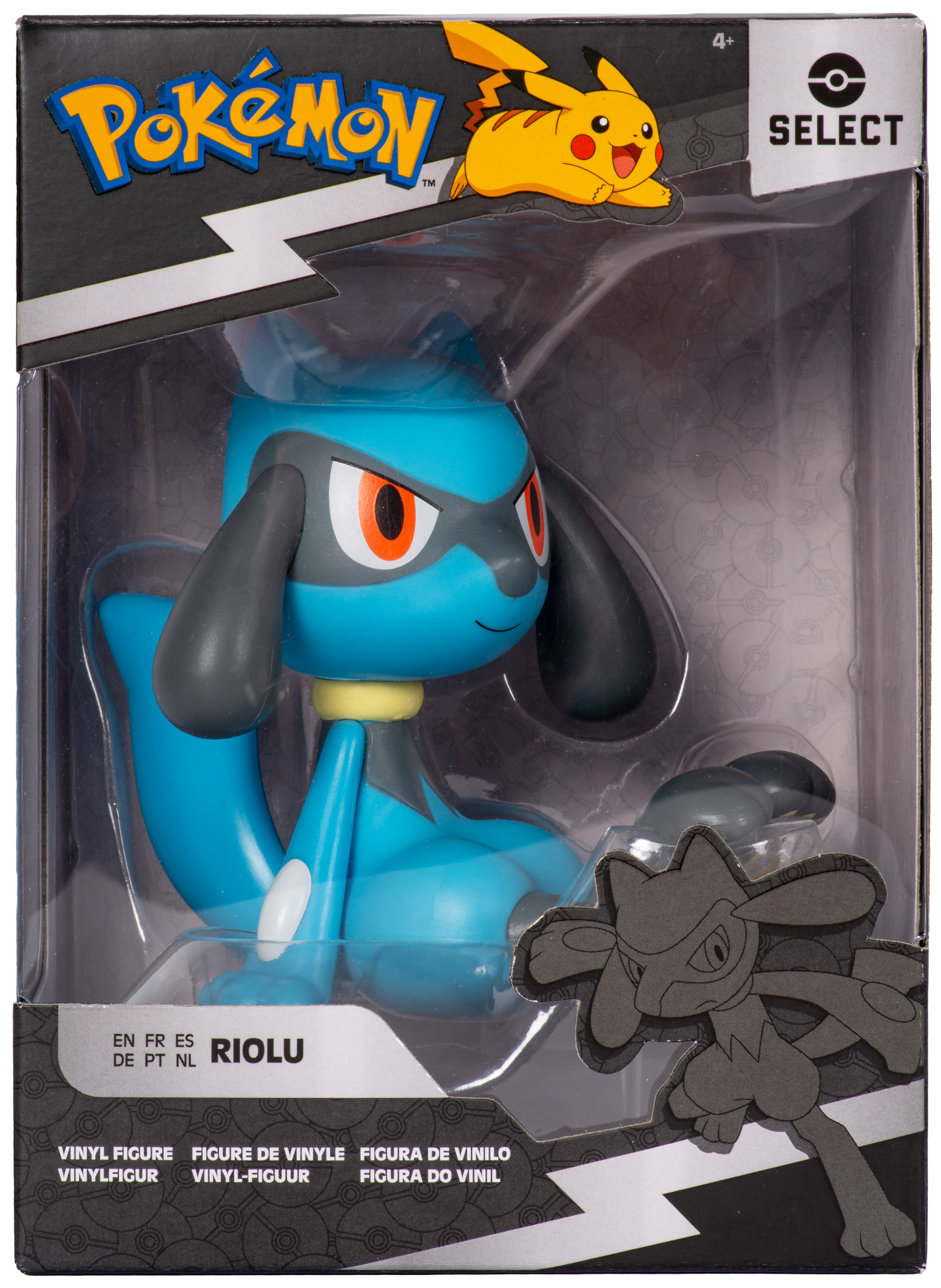Pokémon-Spielzeugfigur in der Box. Blaue und graue Riolu-Figur. Pikachu-Logo oben rechts. Schwarze Box.