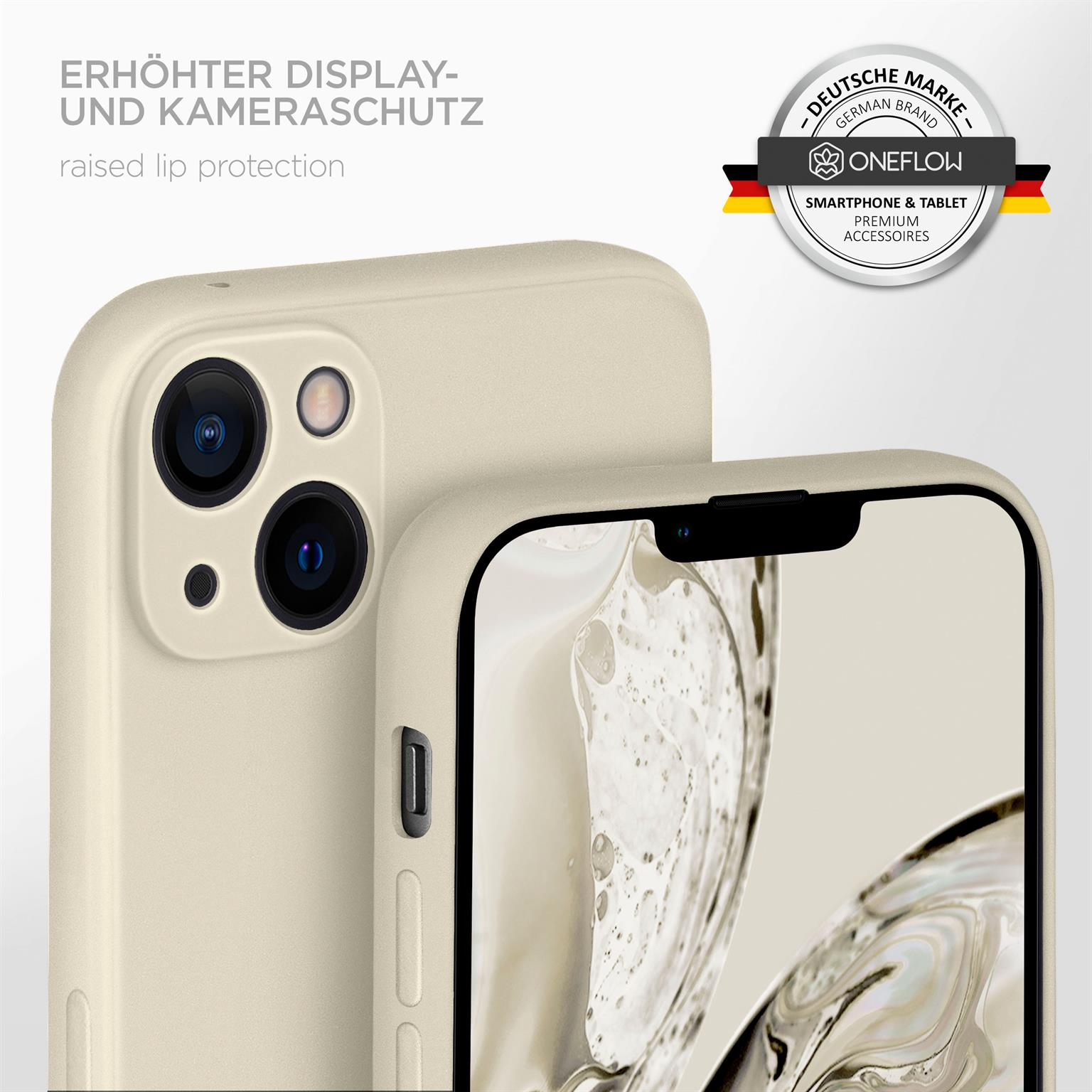 Eine Handyhülle schützt die Rückseite und die Kamera des Telefons. Ein Markenlogo ist oben rechts zu sehen.
