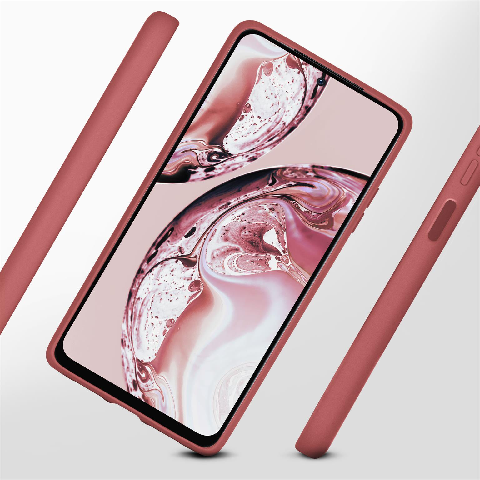 Telefon in roter Hülle, mit drei zusätzlichen roten Handyhüllen.