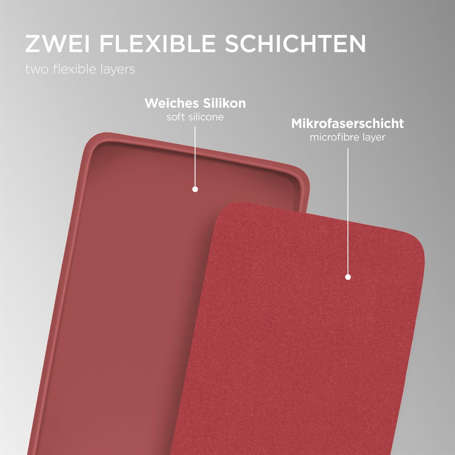 Rote Handyhülle, zeigt zwei Schichten: weiches Silikon und Mikrofaser.