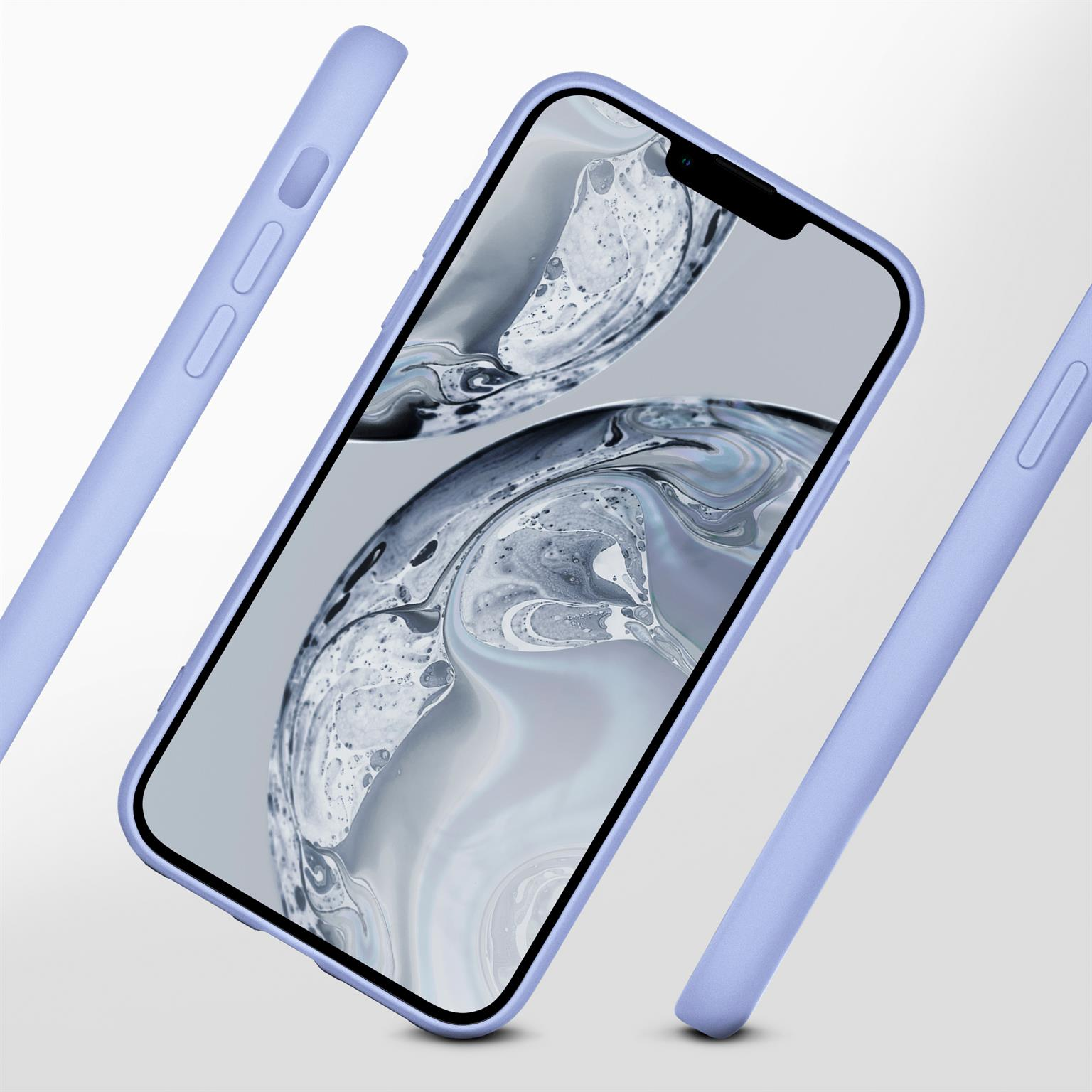 Hellblaue Handyhülle mit Telefon, schwebt mit zwei weiteren Hüllen.