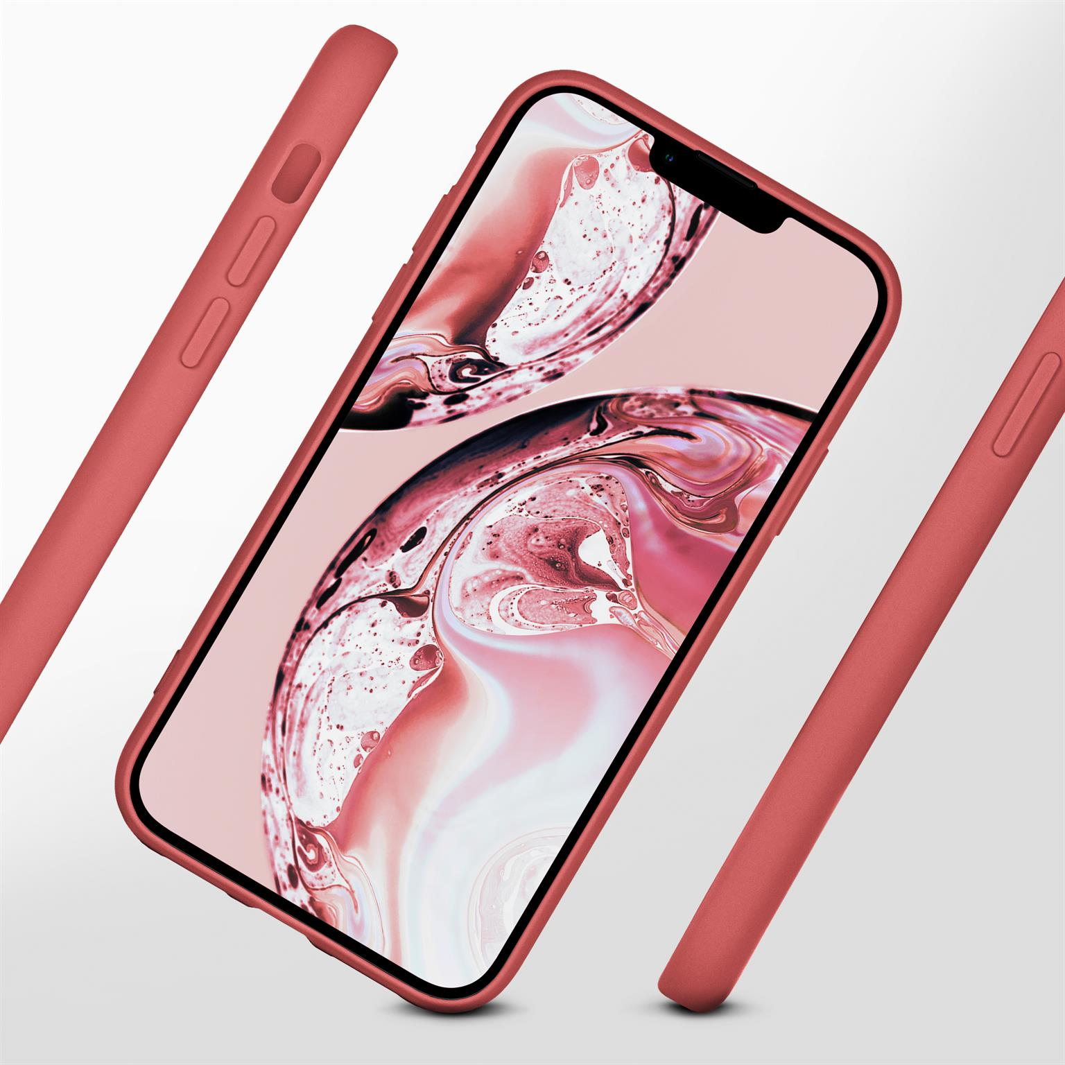 Ein rotes Telefon mit Displayschutz und Schutzhülle. Die Hülle ist rot.