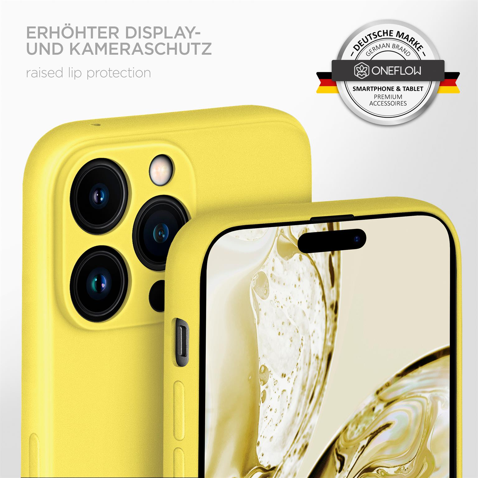 Eine gelbe Handyhülle mit einem Telefon an der Seite. Das Gehäuse hat eine Kamera und Telefondetails.