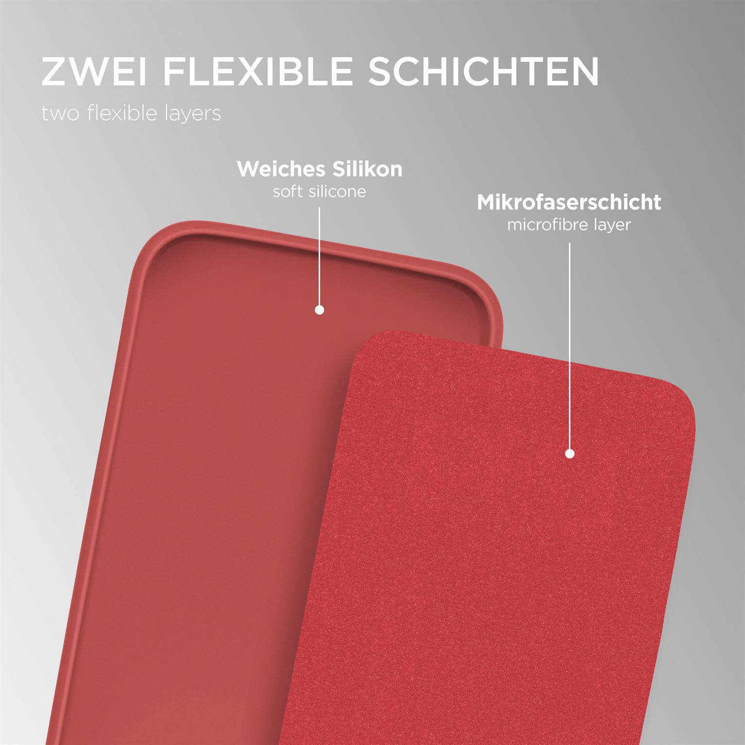 Zwei rote Handyhüllen-Schichten, eine weiche Silikon-, die andere eine Mikrofaser-Schicht.