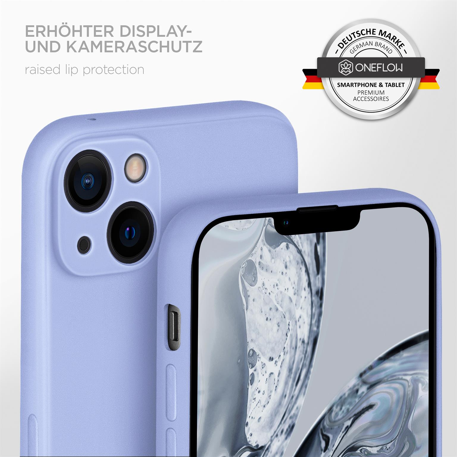 Nahaufnahme einer lavendelfarbenen Handyhülle auf einem Telefon. Im Hintergrund befindet sich eine weitere Hülle. Markenlogo rechts.