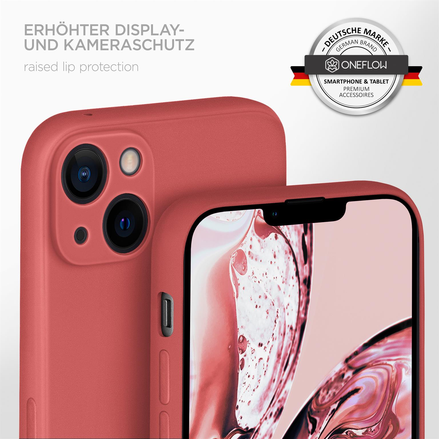 Eine rote Handyhülle schützt ein Smartphone. Das Telefon ist im Vordergrund.