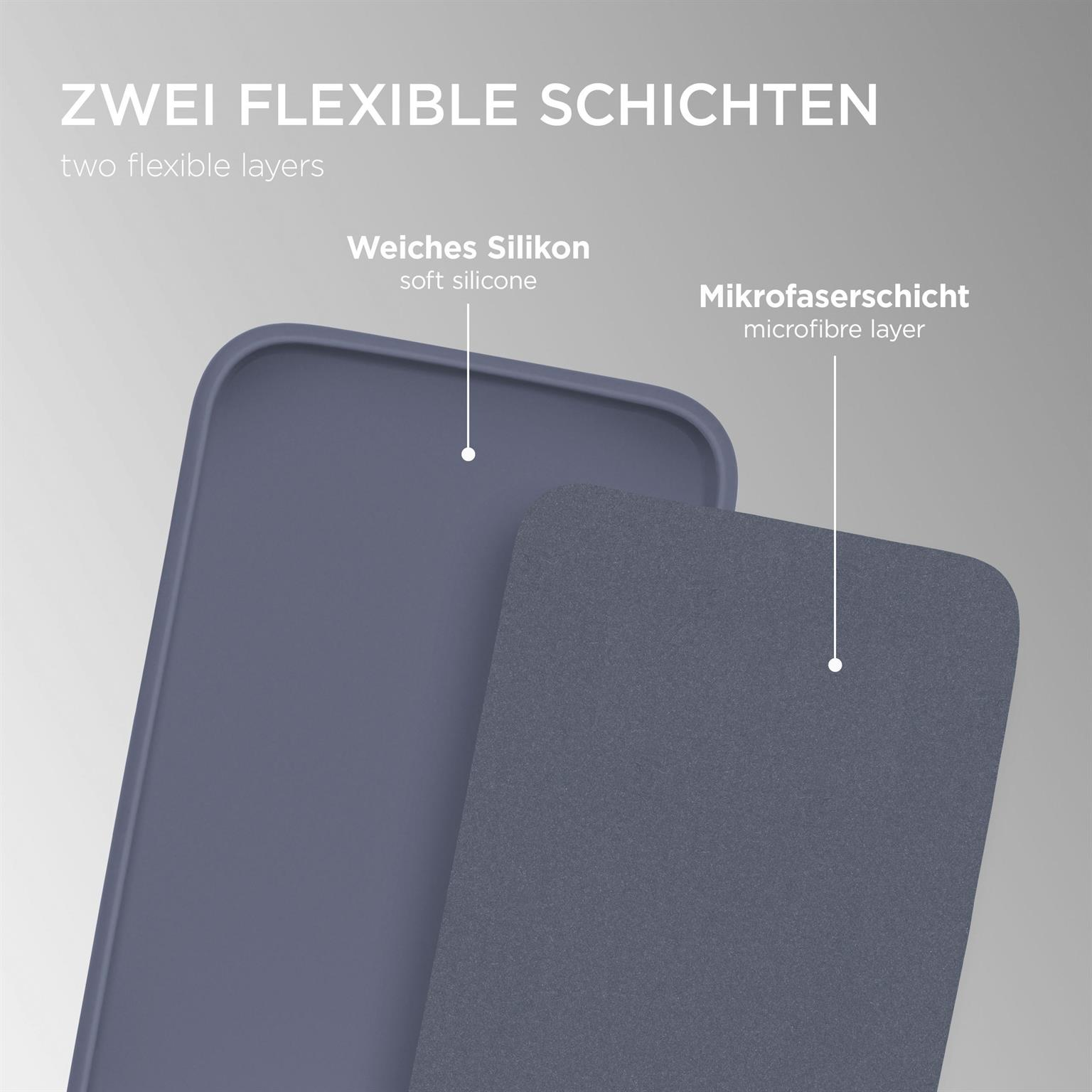 Zwei flexible Schichten: weiches Silikon und eine Mikrofaser-Schicht, verwendet in einem Produkt wie einer Handyhülle.