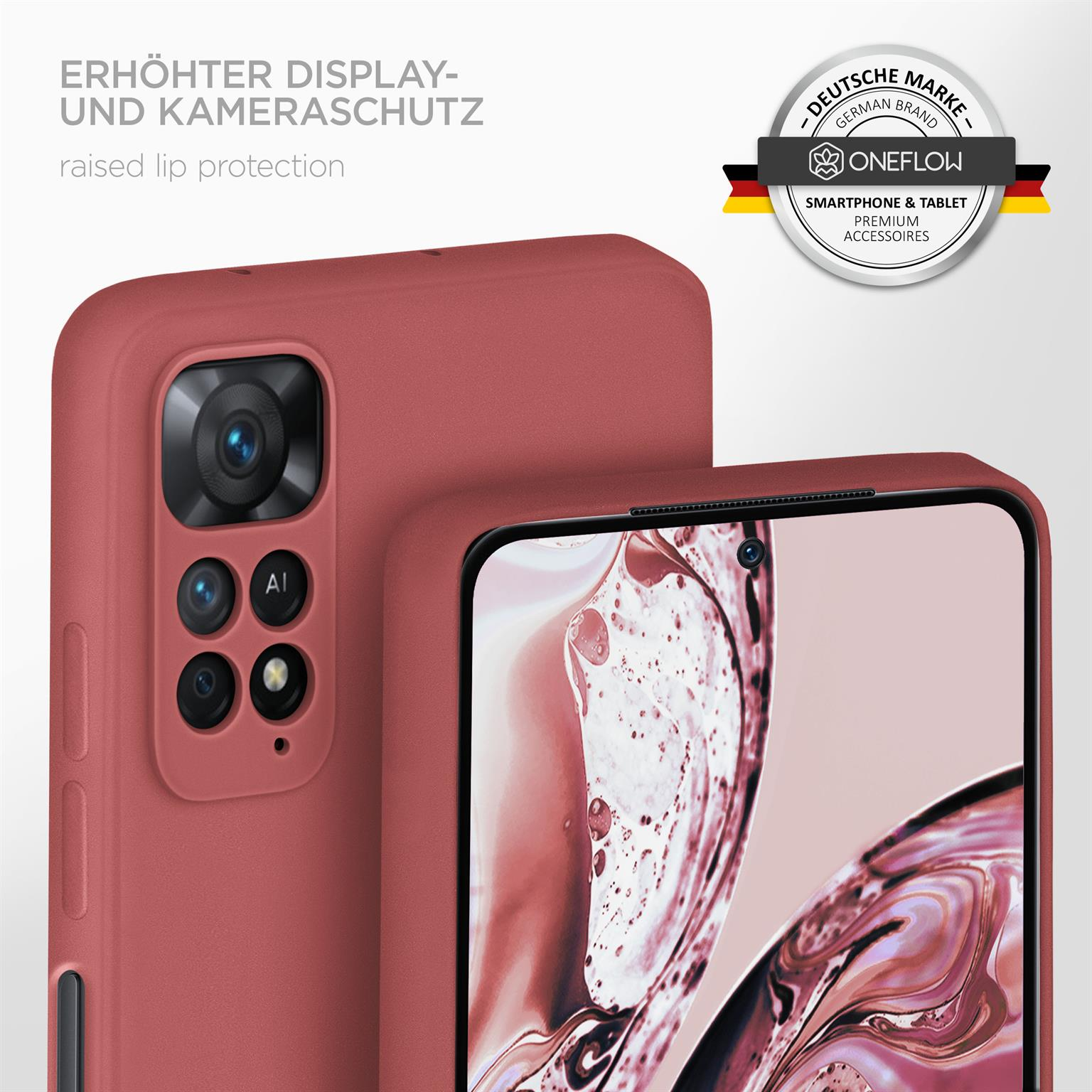 Eine rote Smartphone-Hülle mit erhöhten Kanten, Nahaufnahme eines Telefons und einer Kamera.