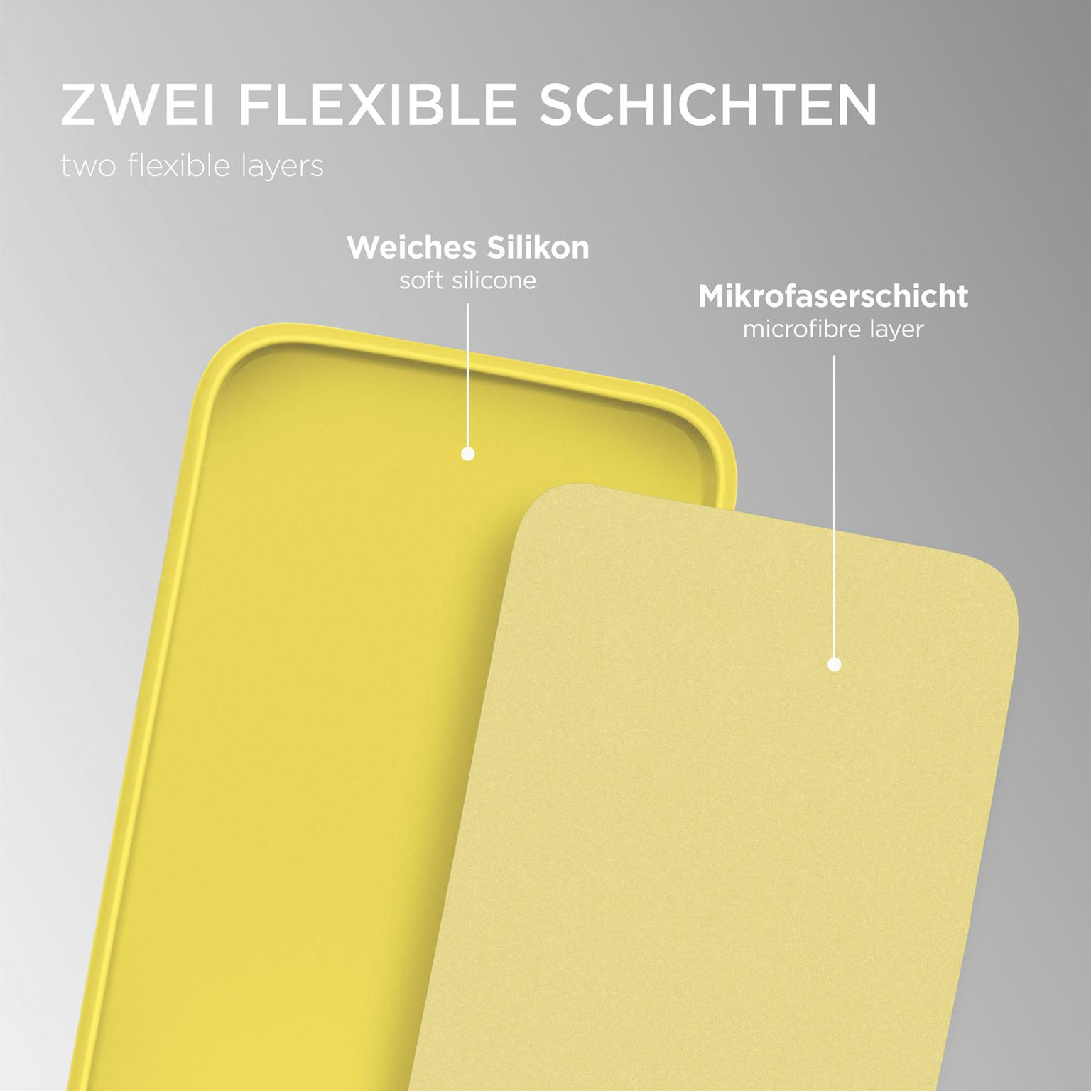 Zwei gelbe Materialschichten, eine aus weichem Silikon und eine Mikrofaser-Schicht, mit Text beschriftet.