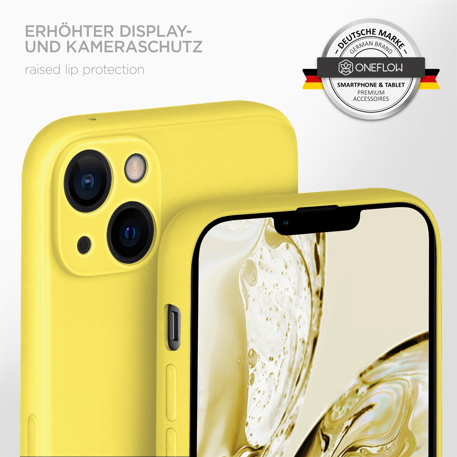 Gelbe Handyhülle mit erhöhtem Rand. Weißer Hintergrund, Logo und Text auf Deutsch.