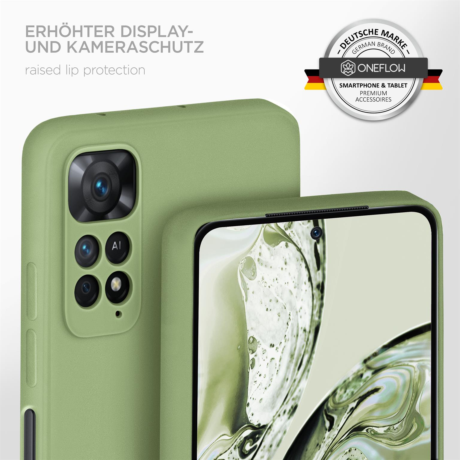 Nahaufnahme einer Handyhülle mit Kamera und erhöhtem Lippenschutz, in grüner Farbe.