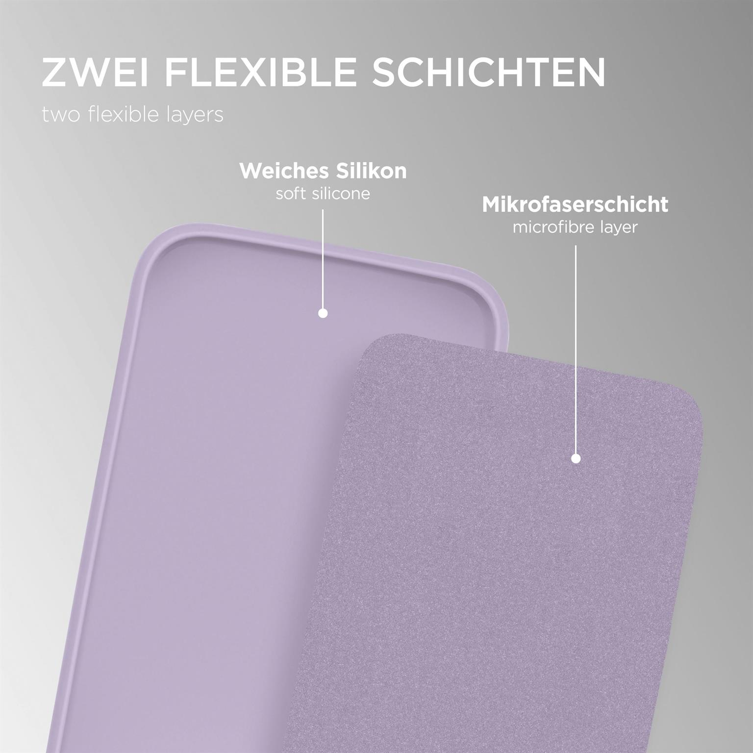 Zwei Schichten Schutzhülle. Oberschicht aus weichem lila Silikon, Unterschicht Mikrofaser.