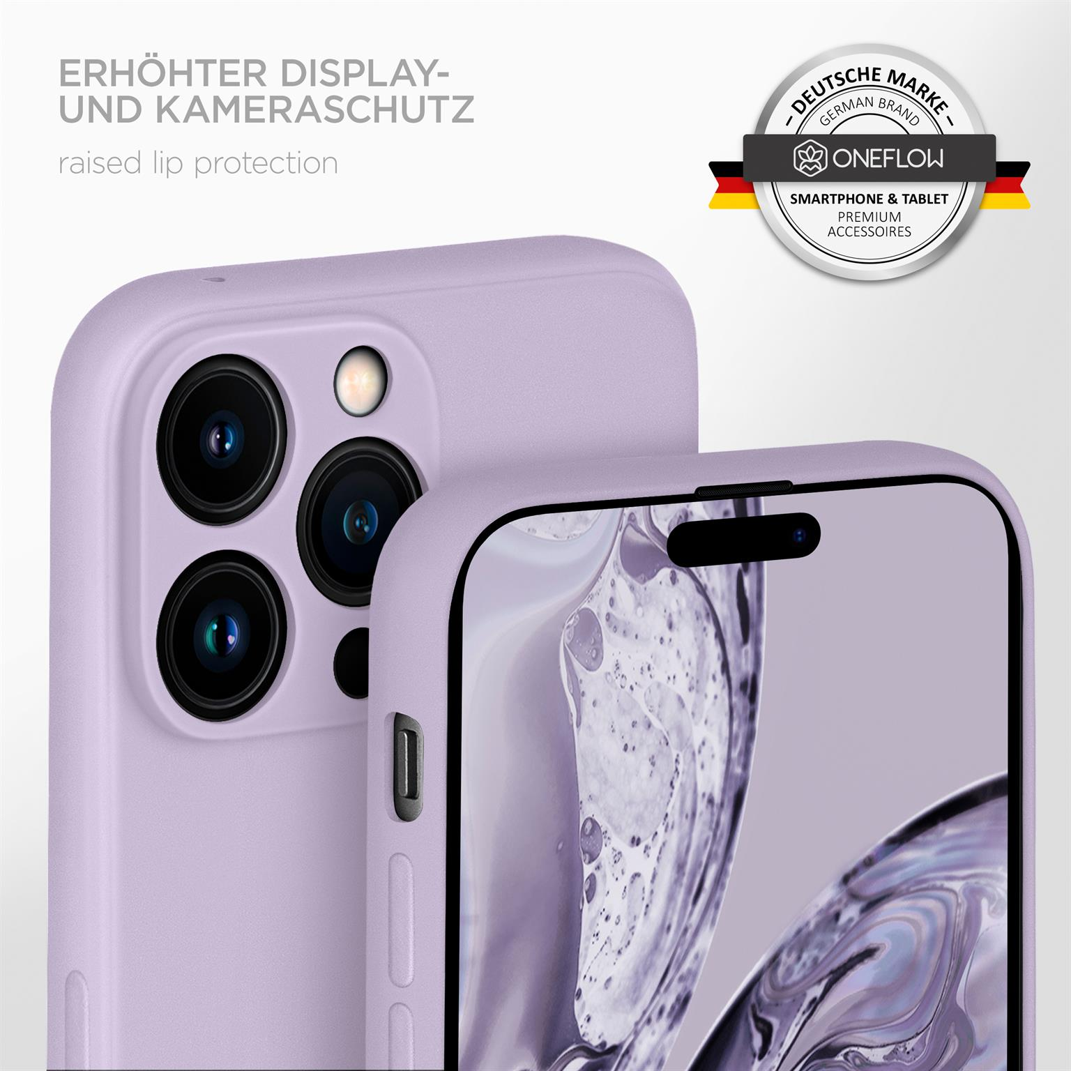 Eine lila Handyhülle auf einem Telefon. Die Hülle hat erhöhten Lippenschutz und ein Logo.