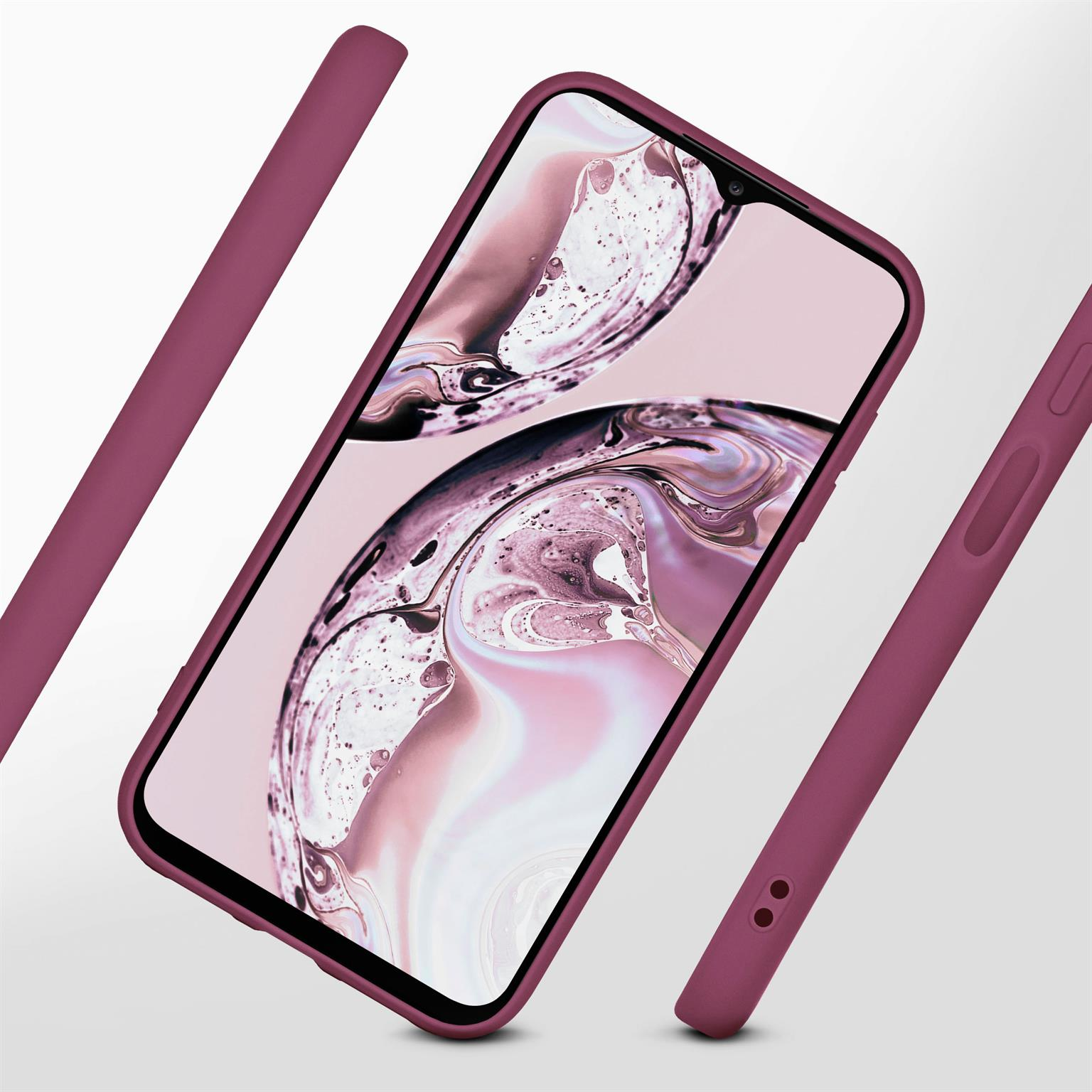 Ein Smartphone in einem weinroten Gehäuse. Der Bildschirm zeigt ein stilisiertes Bild. Hintergrund ist hell.