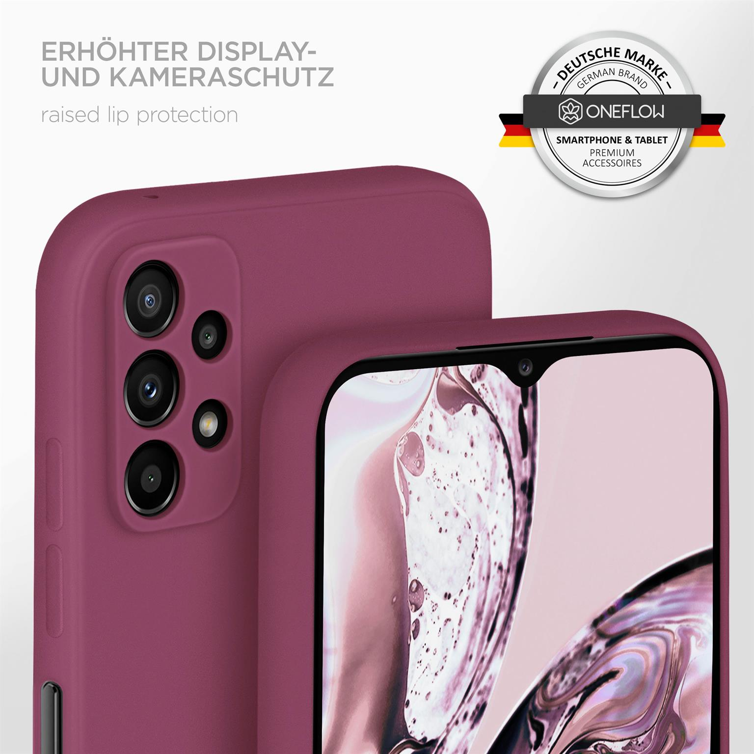 Lila Handyhülle mit Telefon darin, Nahaufnahme vor weißem Hintergrund.